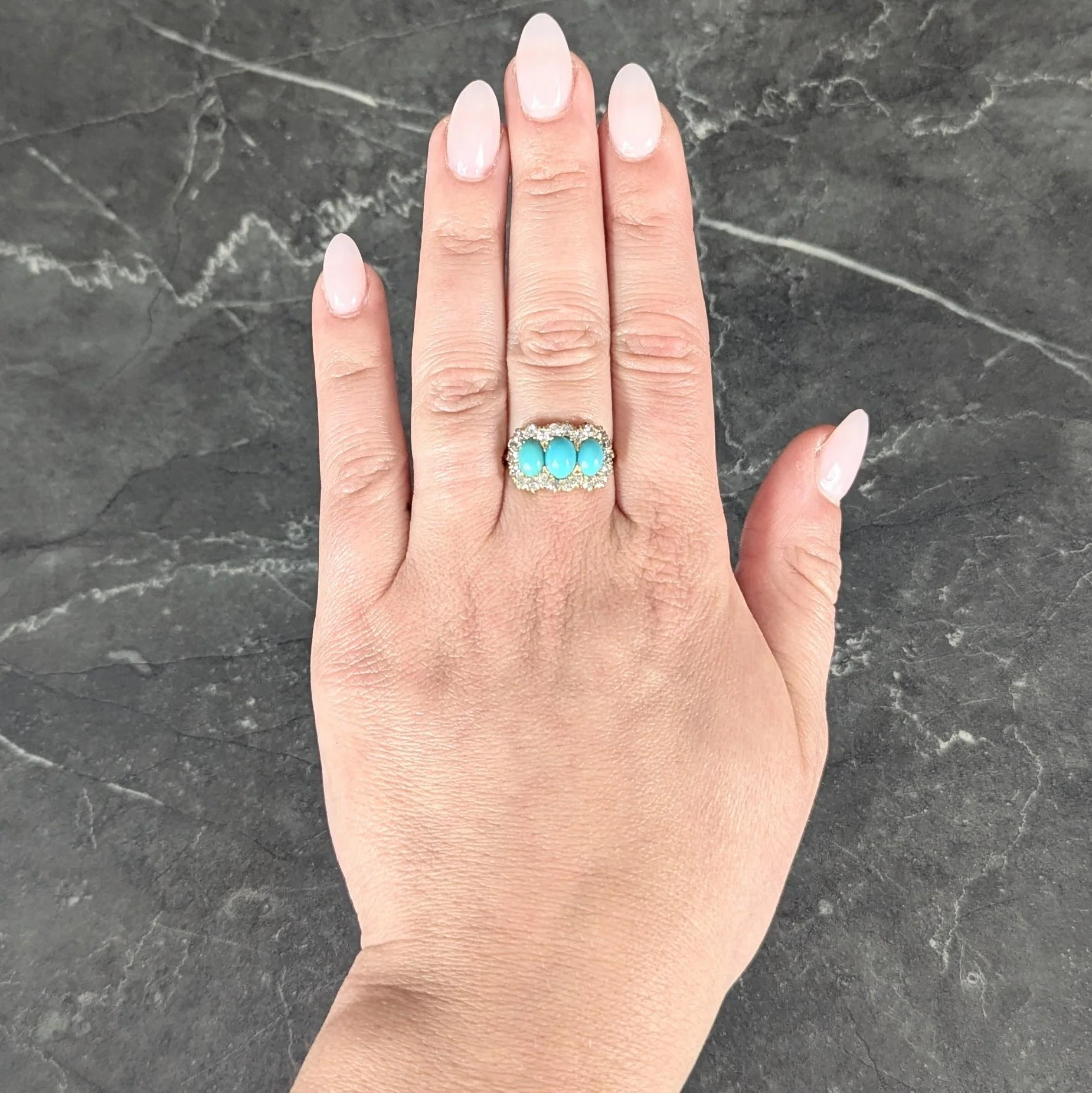 Victorian Diamond Turquoise 18 Karat Yellow Gold Antique Cluster Halo Ring - Image 7