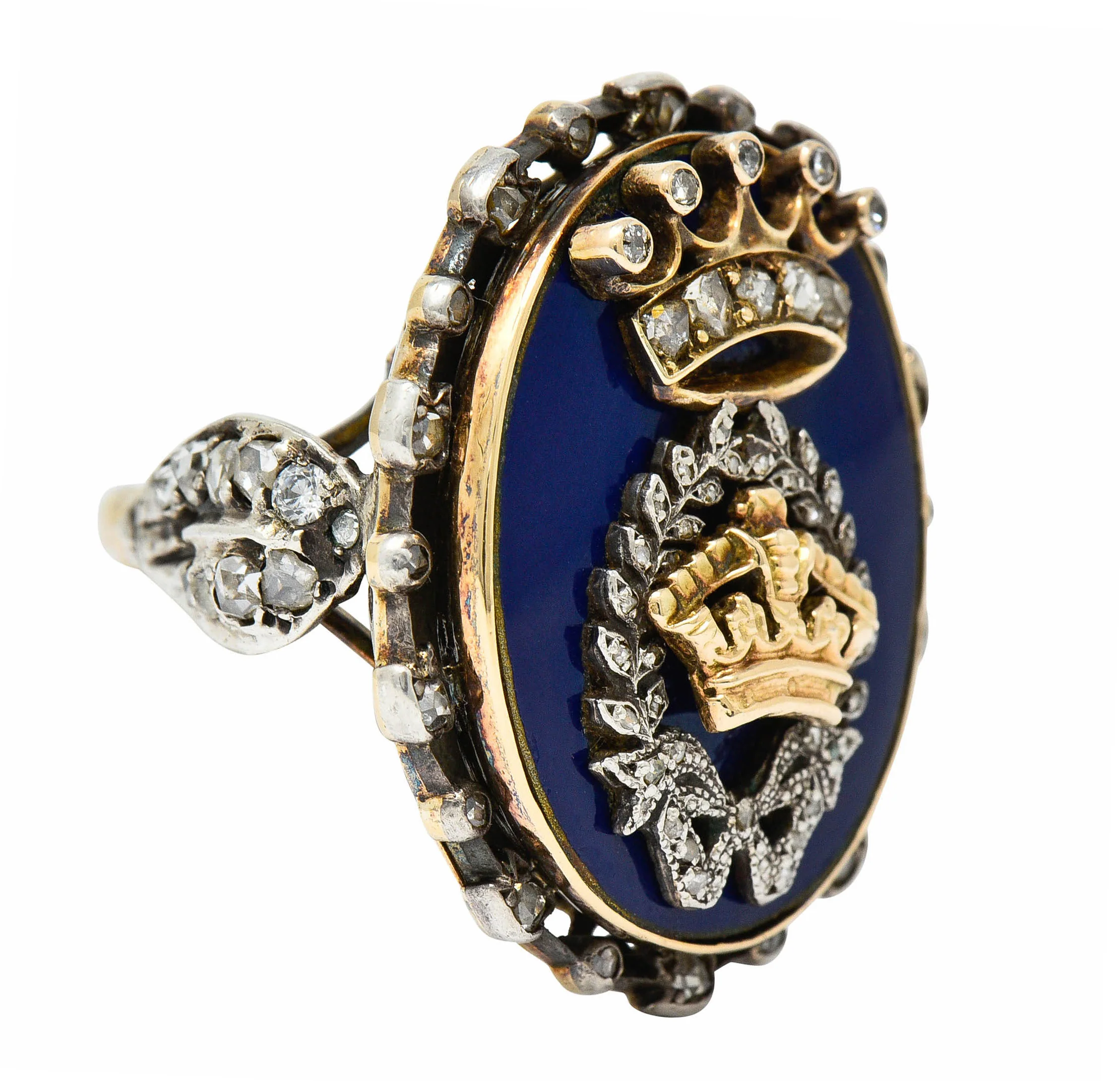 Victorian Enamel Diamond Silver-Topped 14 Karat Gold Crown Ring - Image 2
