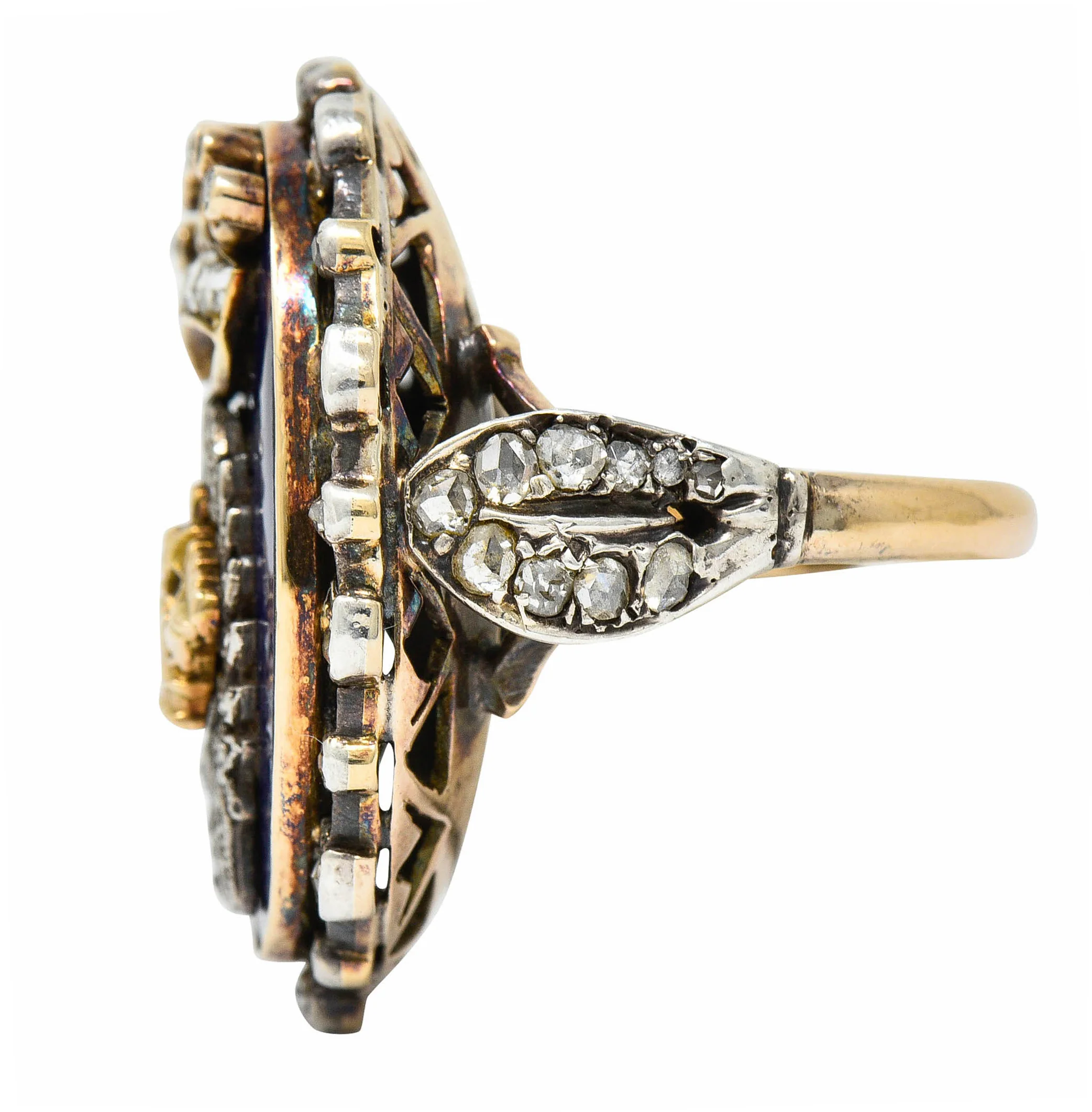 Victorian Enamel Diamond Silver-Topped 14 Karat Gold Crown Ring - Image 5