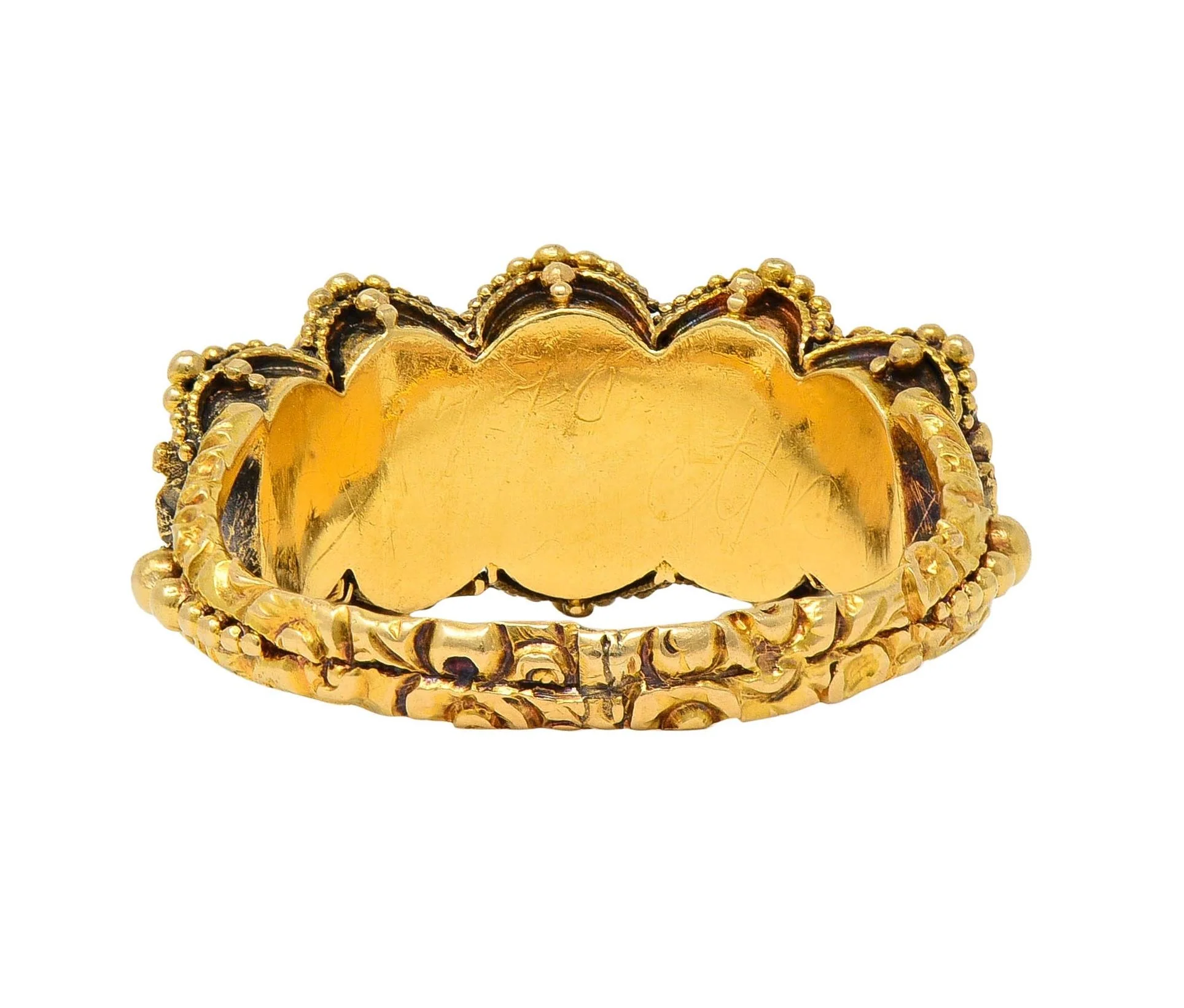 Victorian Etruscan Revival 1.90 CTW White Topaz 18 Karat Yellow Gold Antique Five Stone Band Ring - Image 4