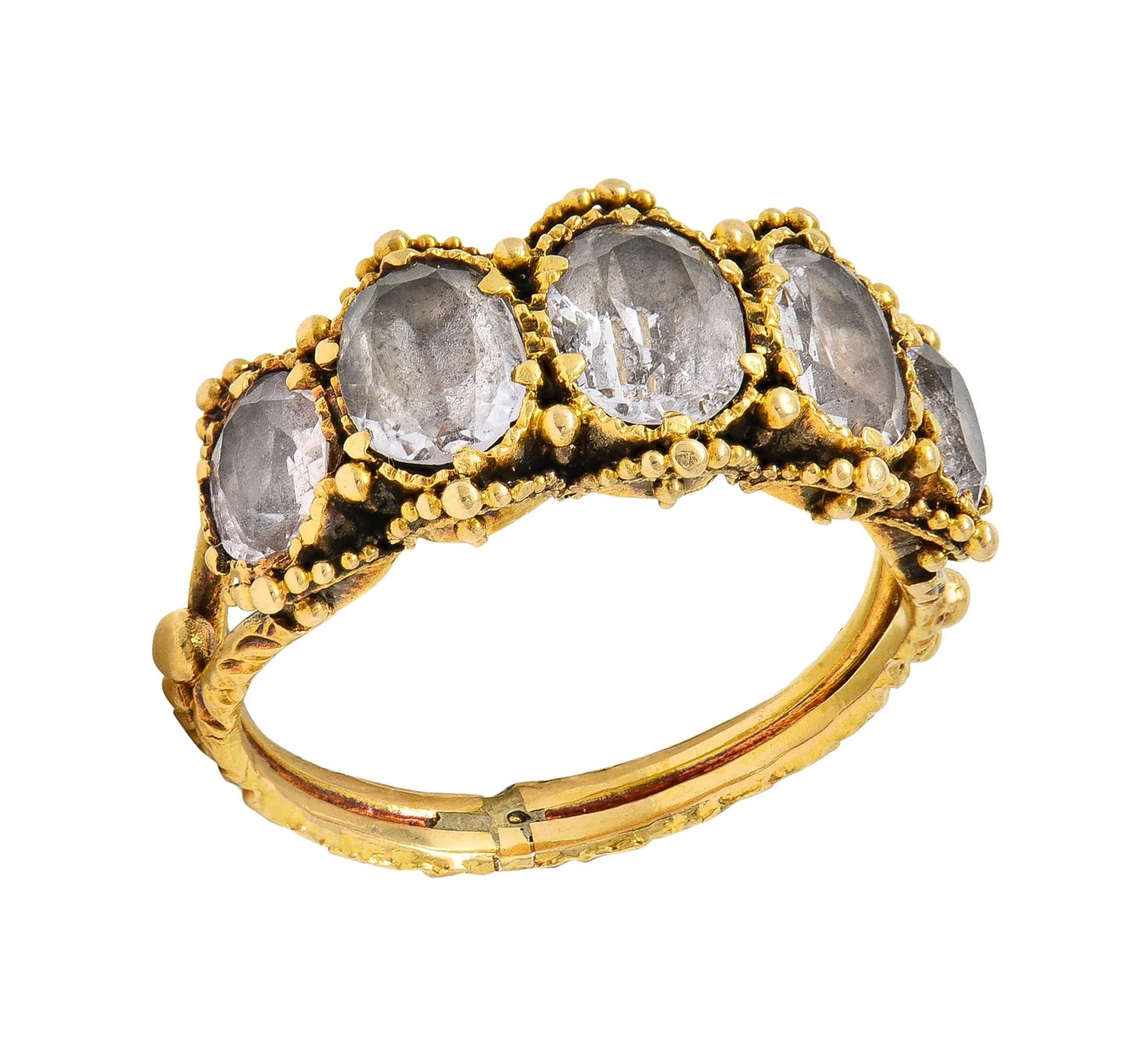 Victorian Etruscan Revival 1.90 CTW White Topaz 18 Karat Yellow Gold Antique Five Stone Band Ring - Image 7
