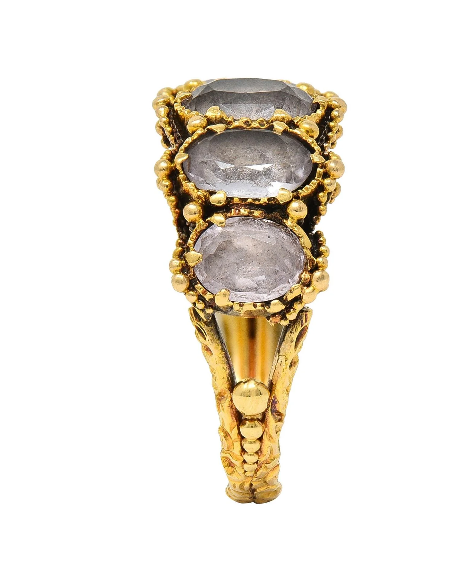 Victorian Etruscan Revival 1.90 CTW White Topaz 18 Karat Yellow Gold Antique Five Stone Band Ring - Image 9