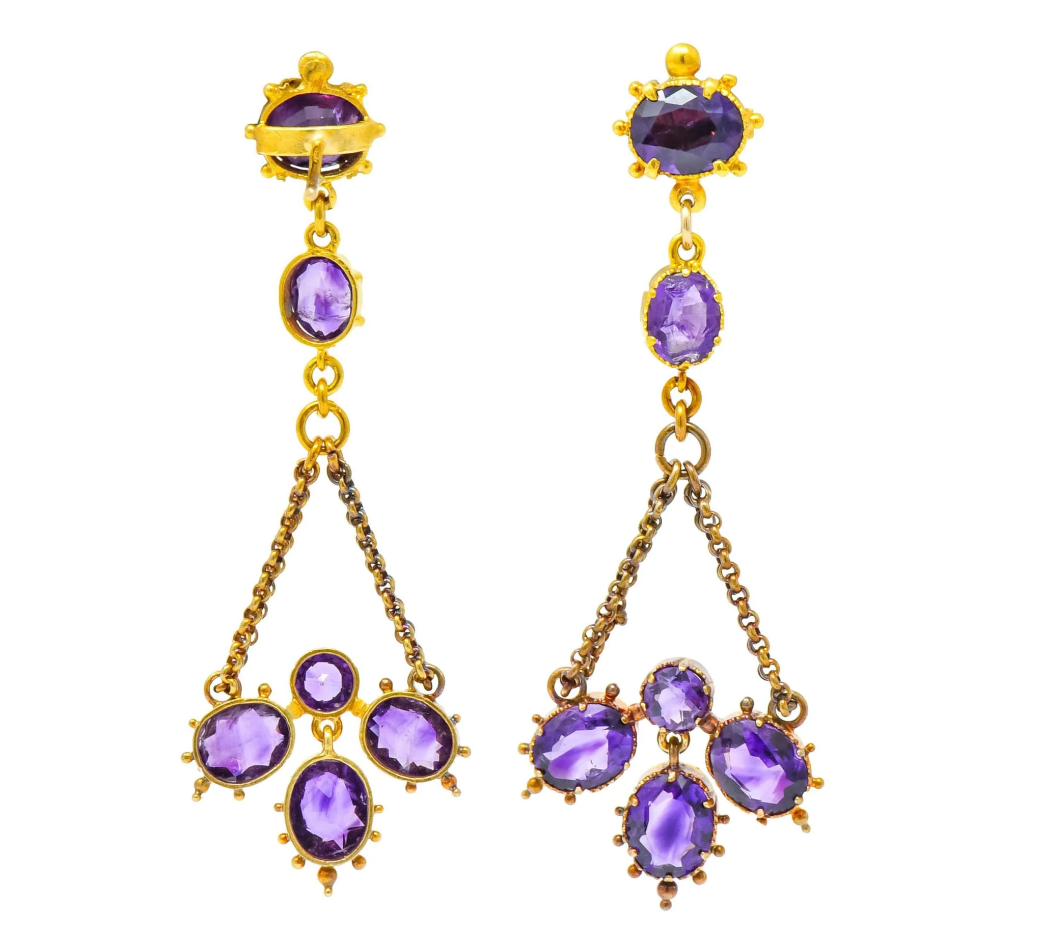 Victorian Etruscan Revival 4.52 CTW Amethyst 18 Karat Gold Chandelier Earrings Circa 1870's - Image 4