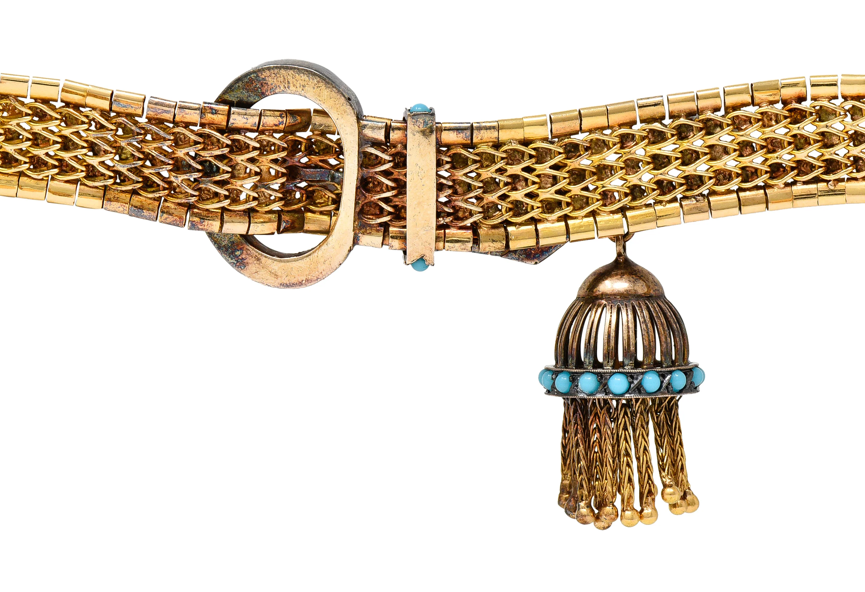 Victorian Etruscan Revival Gemstone Cabochon 18 Karat Yellow Gold Tassel Buckle Bracelet - Image 11