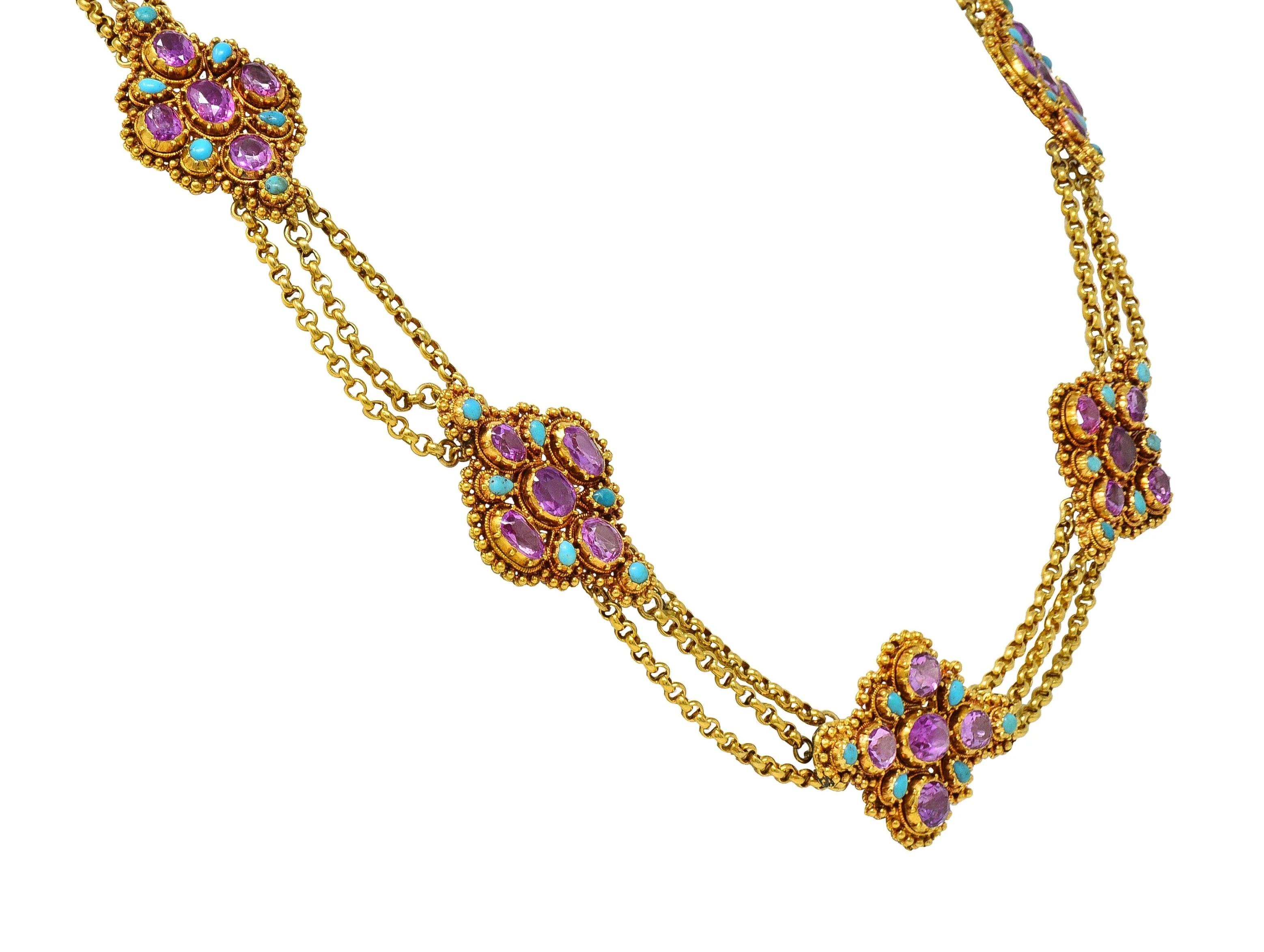 Victorian Etruscan Revival Pink Sapphire Turquoise 18 Karat Gold Antique Swagged Station Necklace - Image 7