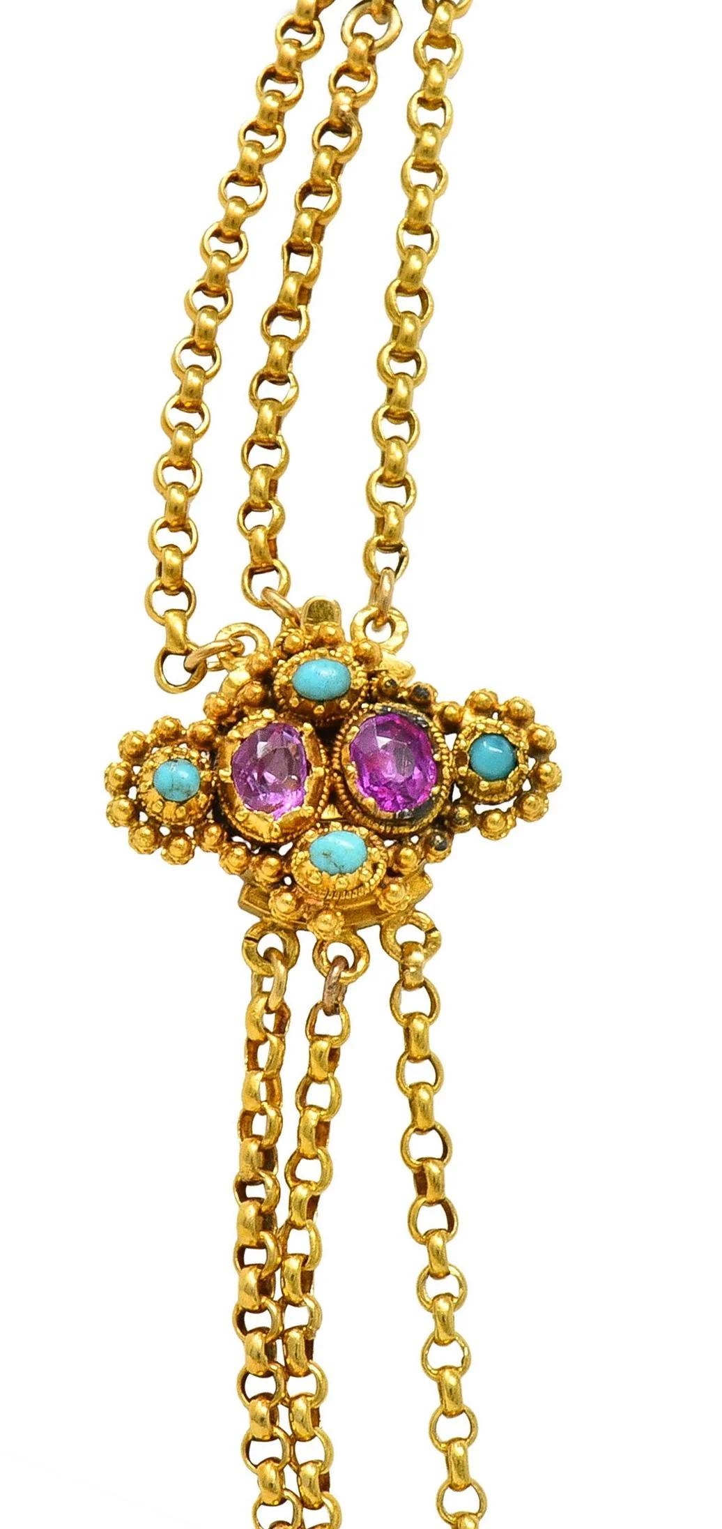Victorian Etruscan Revival Pink Sapphire Turquoise 18 Karat Gold Antique Swagged Station Necklace - Image 9