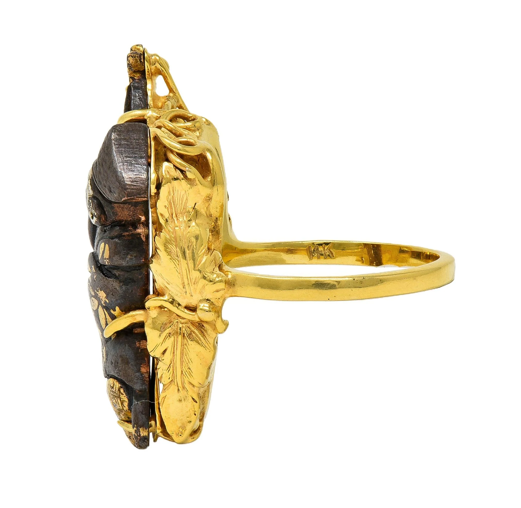 Victorian Japanese Shakudo 14 Karat Yellow Gold Lounging Man Antique Ring - Image 5