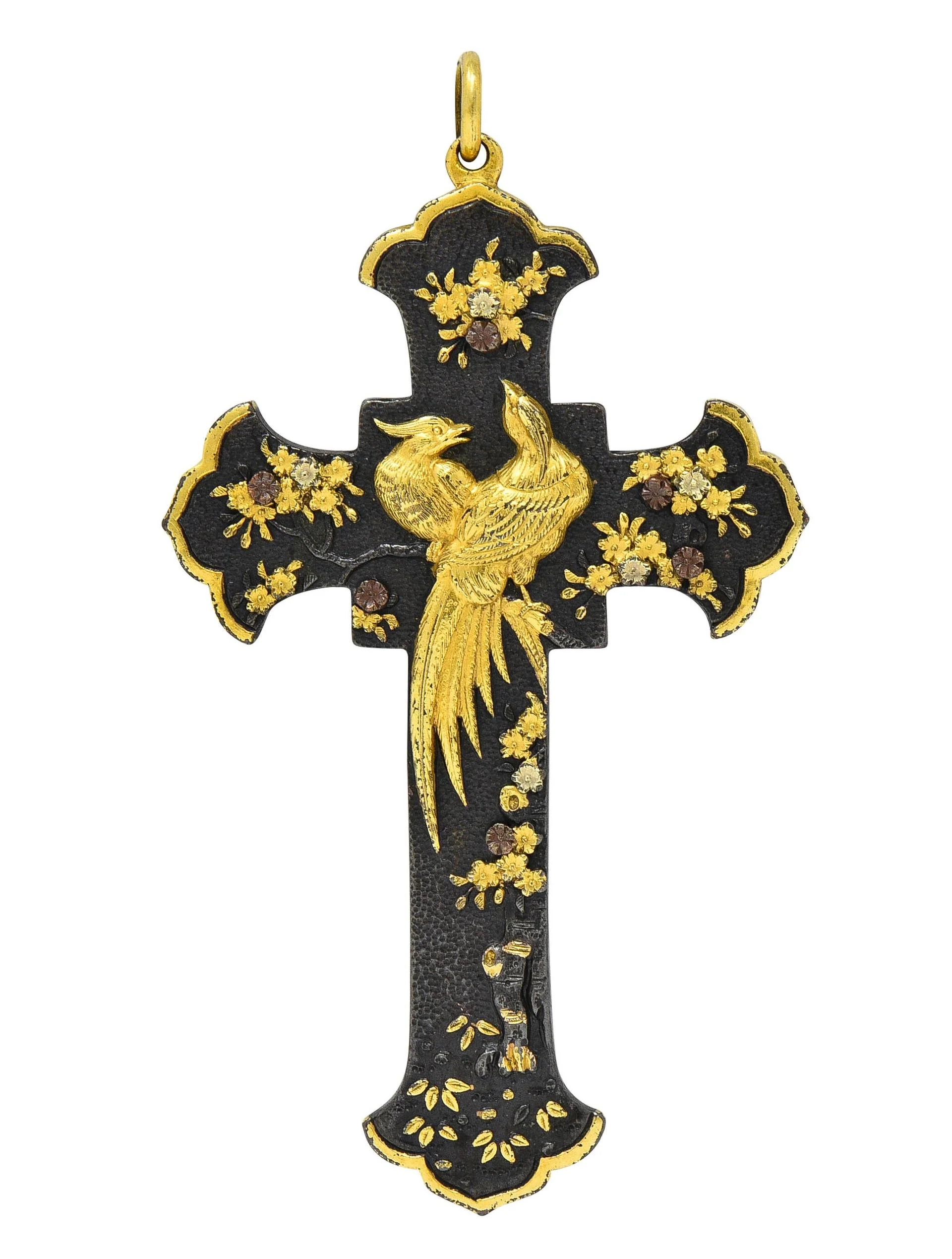 Victorian Japanese Yellow Gold Shibuichi Copper Silver Shakudo Pheasant Floral Antique Cross Pendant - Image 10
