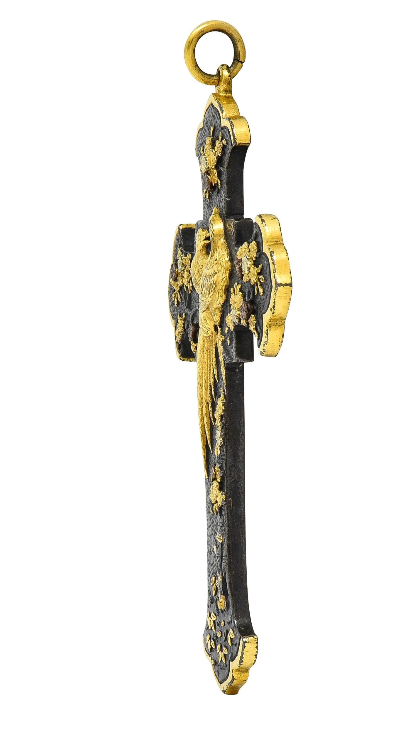 Victorian Japanese Yellow Gold Shibuichi Copper Silver Shakudo Pheasant Floral Antique Cross Pendant - Image 3