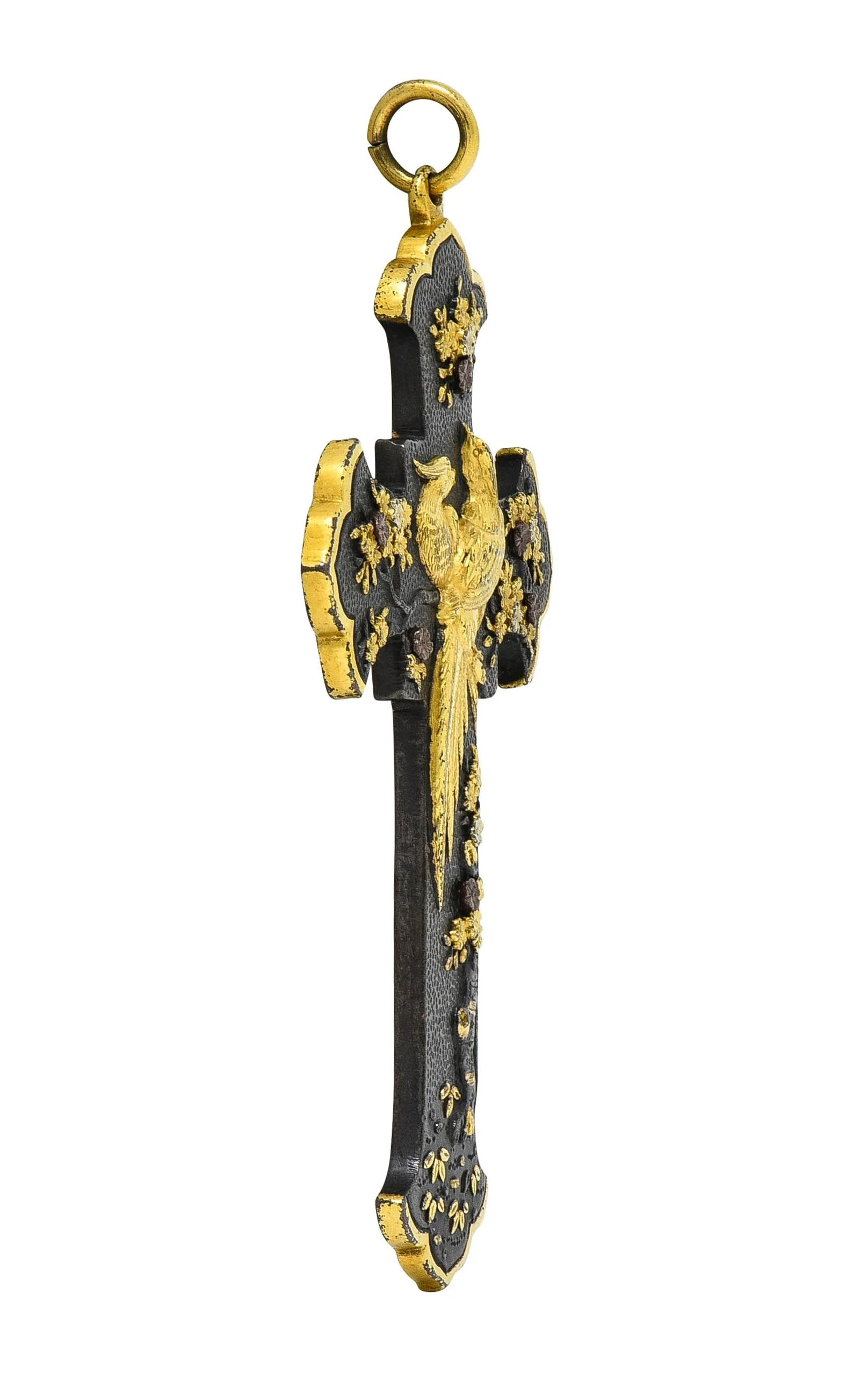 Victorian Japanese Yellow Gold Shibuichi Copper Silver Shakudo Pheasant Floral Antique Cross Pendant - Image 5