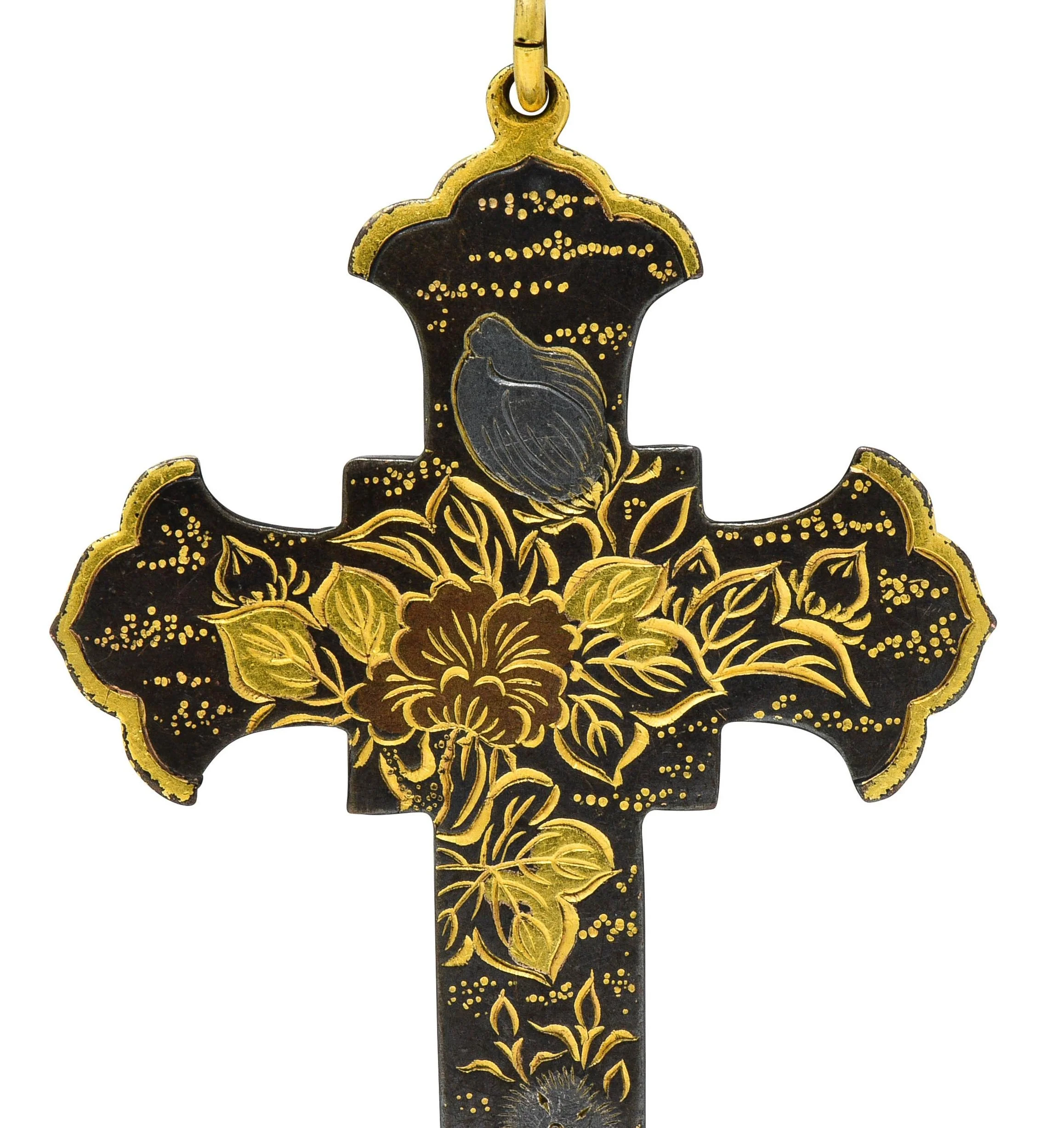 Victorian Japanese Yellow Gold Shibuichi Copper Silver Shakudo Pheasant Floral Antique Cross Pendant - Image 7