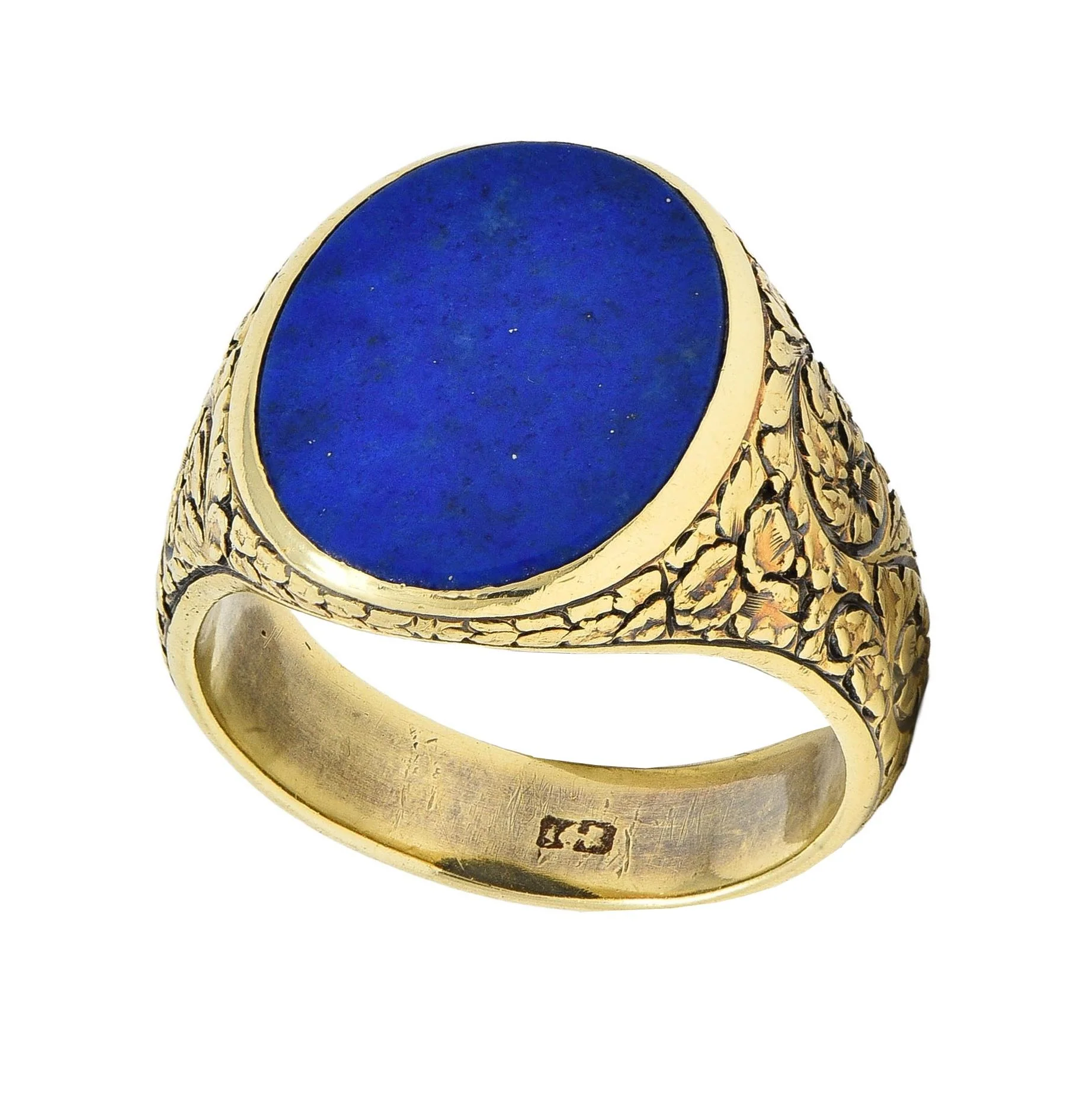 Victorian Lapis Lazuli 14 Karat Yellow Gold Floral Unisex Signet Ring - Image 11