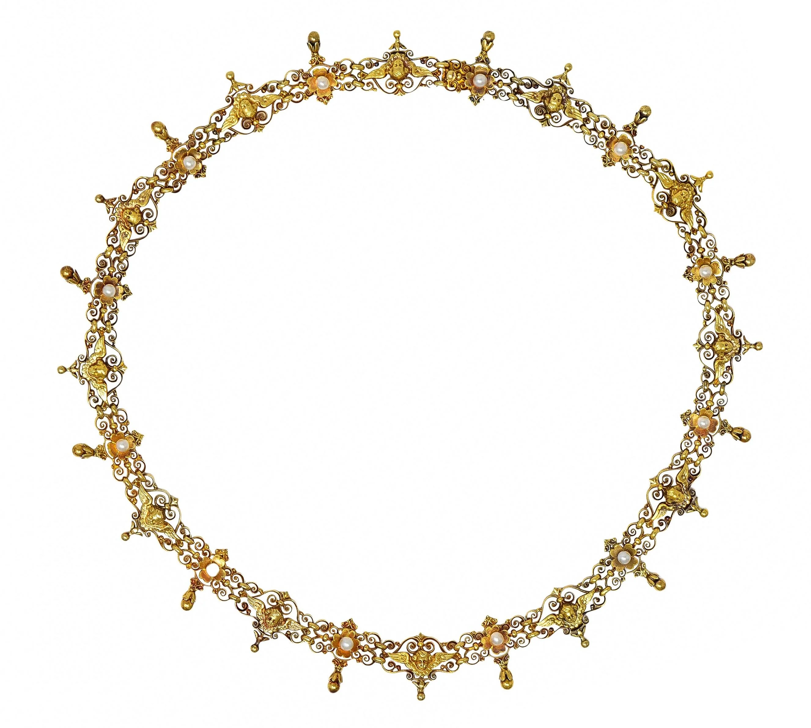 Victorian Neoclassical Pearl 14 Karat Yellow Gold Antique Cherub Fringe Necklace - Image 3