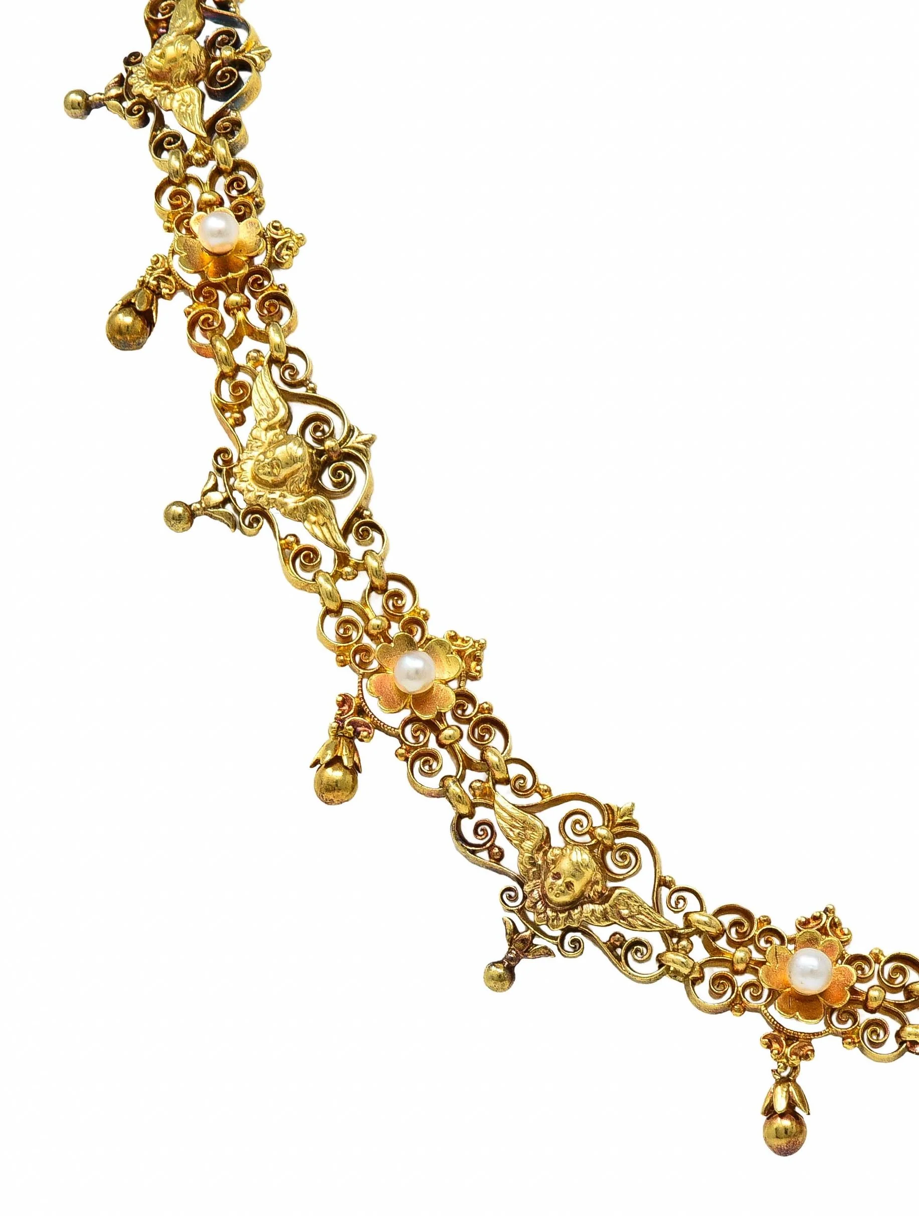 Victorian Neoclassical Pearl 14 Karat Yellow Gold Antique Cherub Fringe Necklace - Image 9