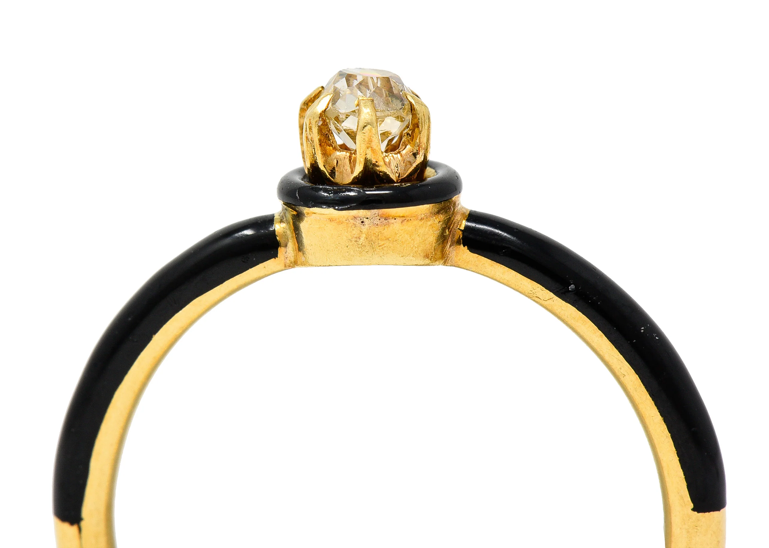 Victorian Old Mine Cut Diamond Enamel 18 Karat Yellow Gold Antique Solitaire Engagement Ring - Image 7