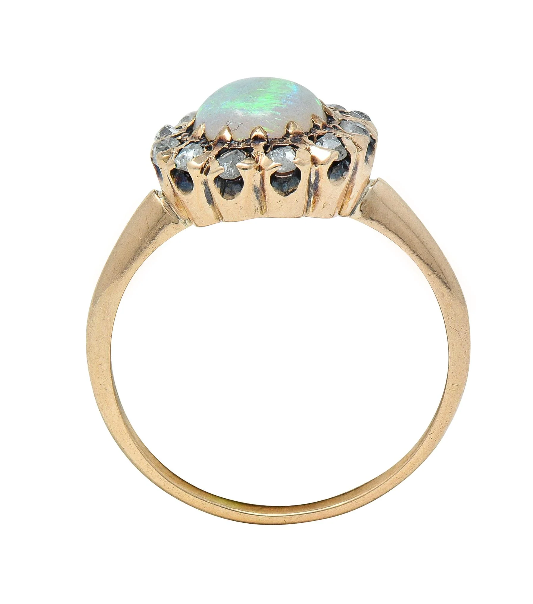 Victorian Opal Cabochon Diamond 14 Karat Yellow Gold Antique Halo Ring - Image 9