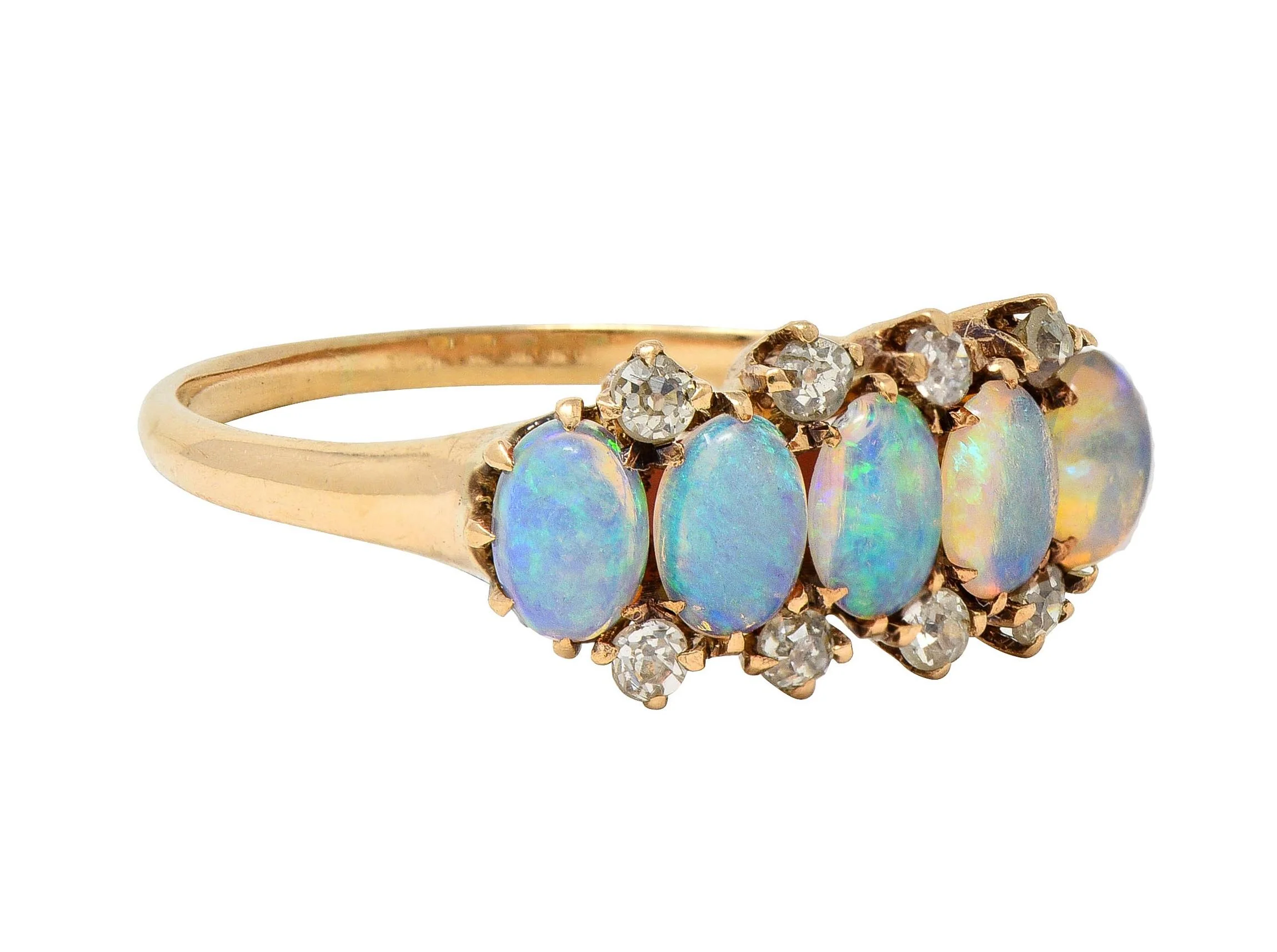 Victorian Opal Cabochon Diamond 14 Karat Yellow Gold Five Stone Antique Ring - Image 2