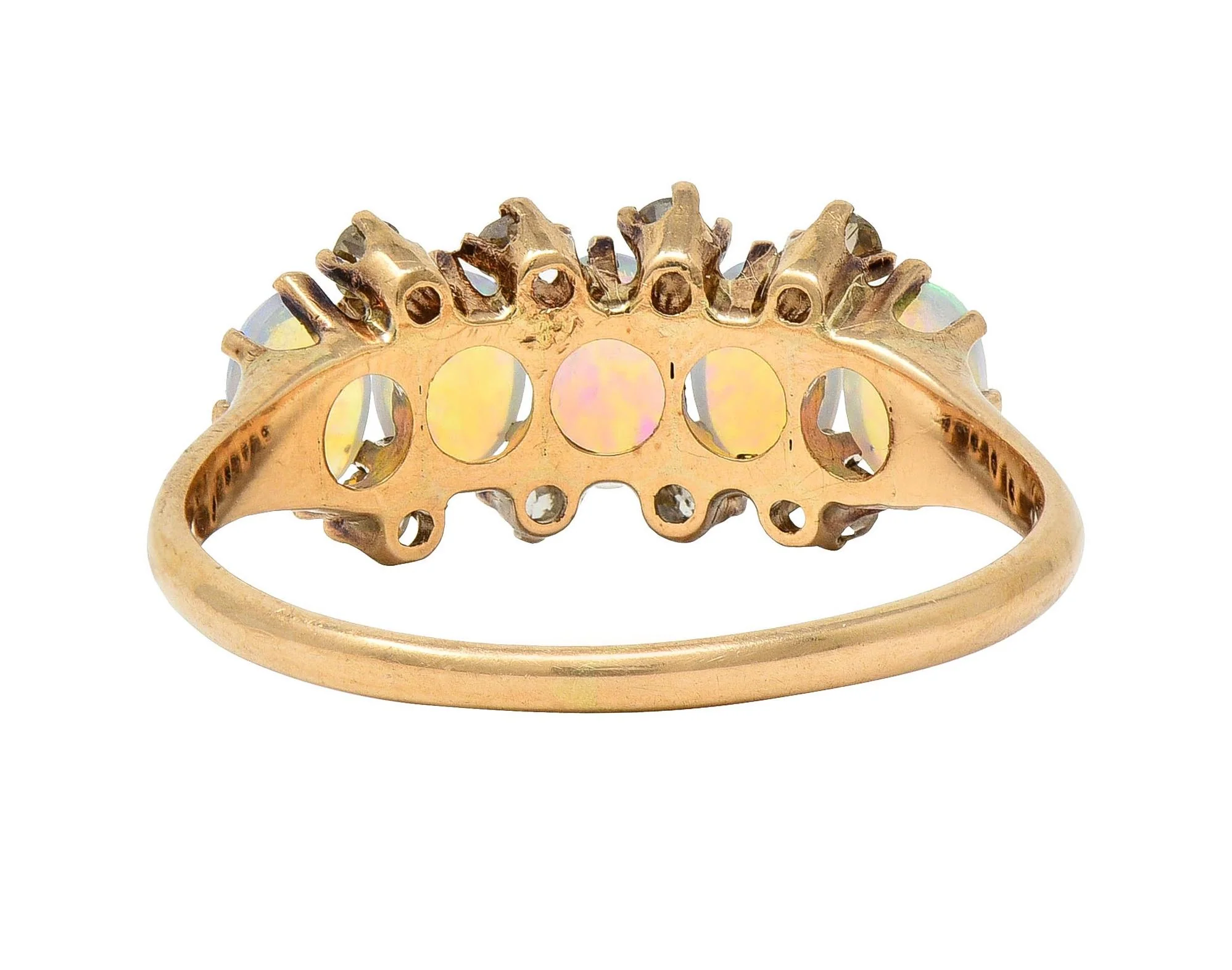 Victorian Opal Cabochon Diamond 14 Karat Yellow Gold Five Stone Antique Ring - Image 4