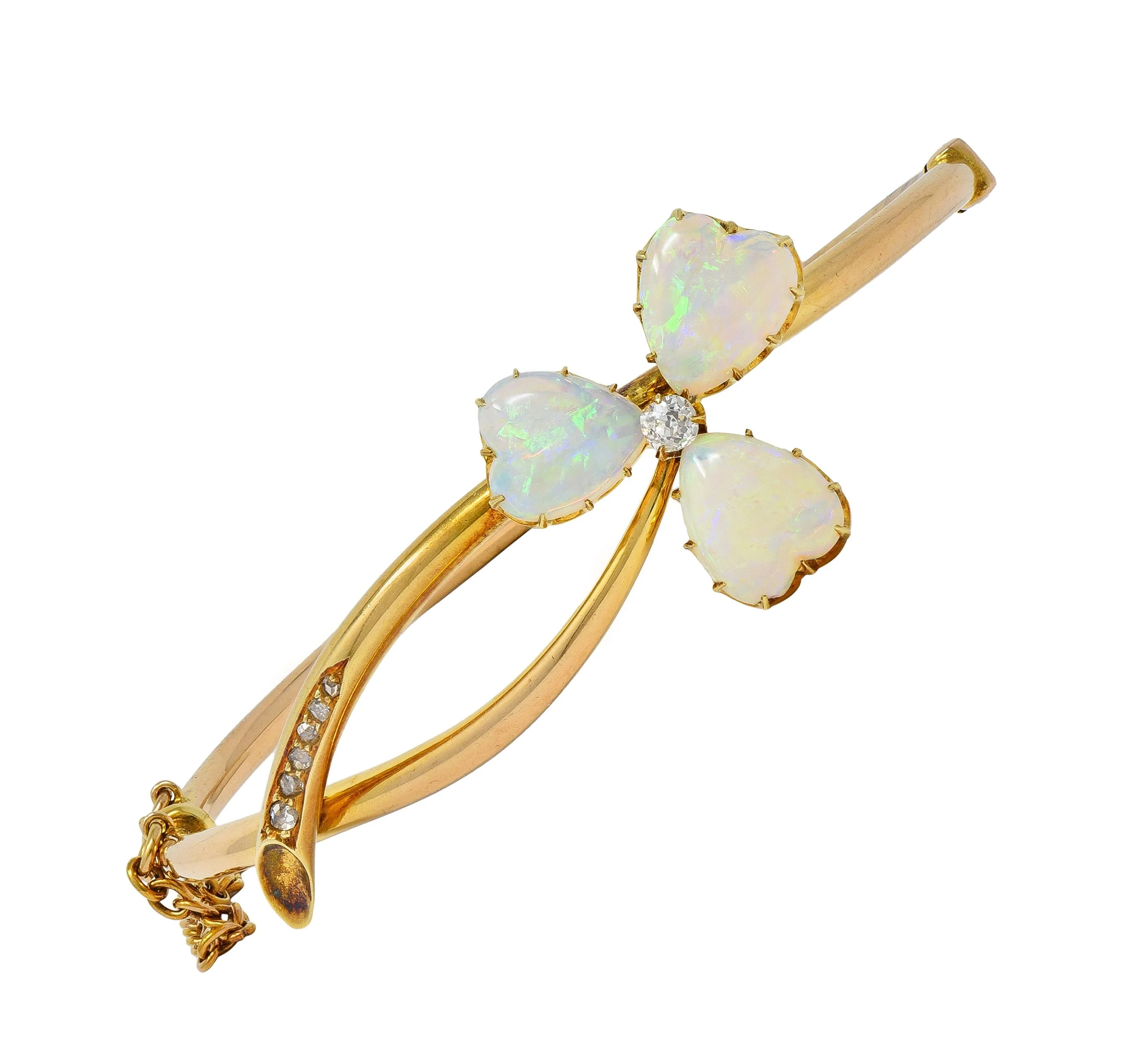 Victorian Opal Diamond 14 Karat Yellow Gold Antique Bypass Clover Bangle Bracelet