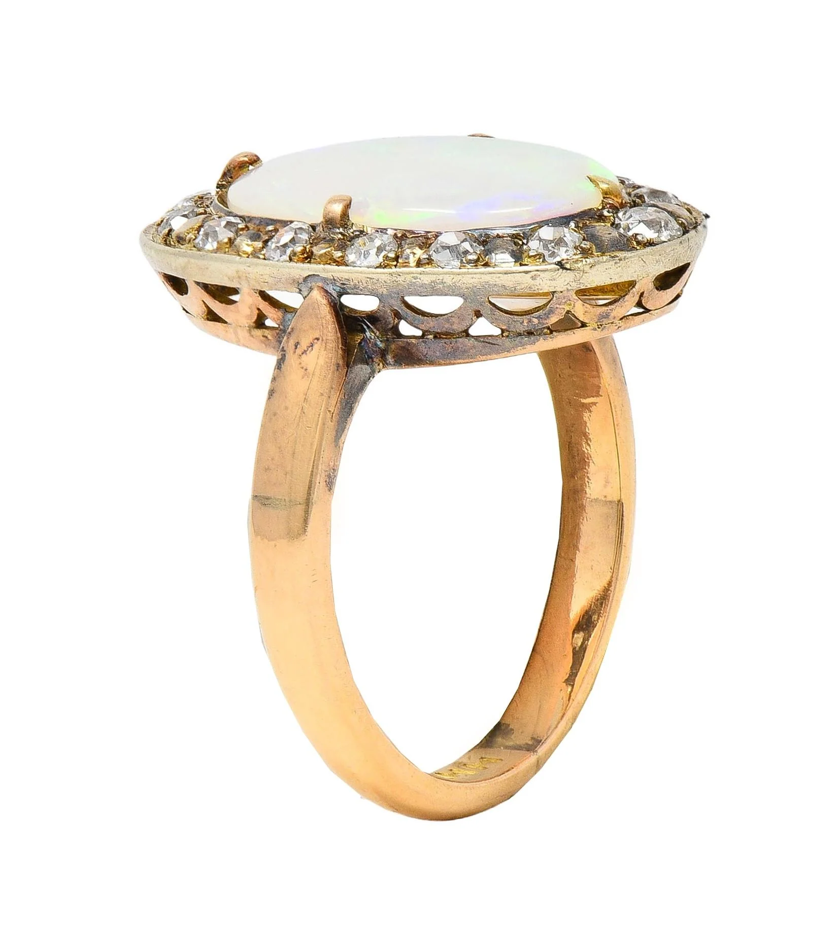 Victorian Opal Diamond 18 Karat Yellow Gold Antique Halo Ring - Image 14