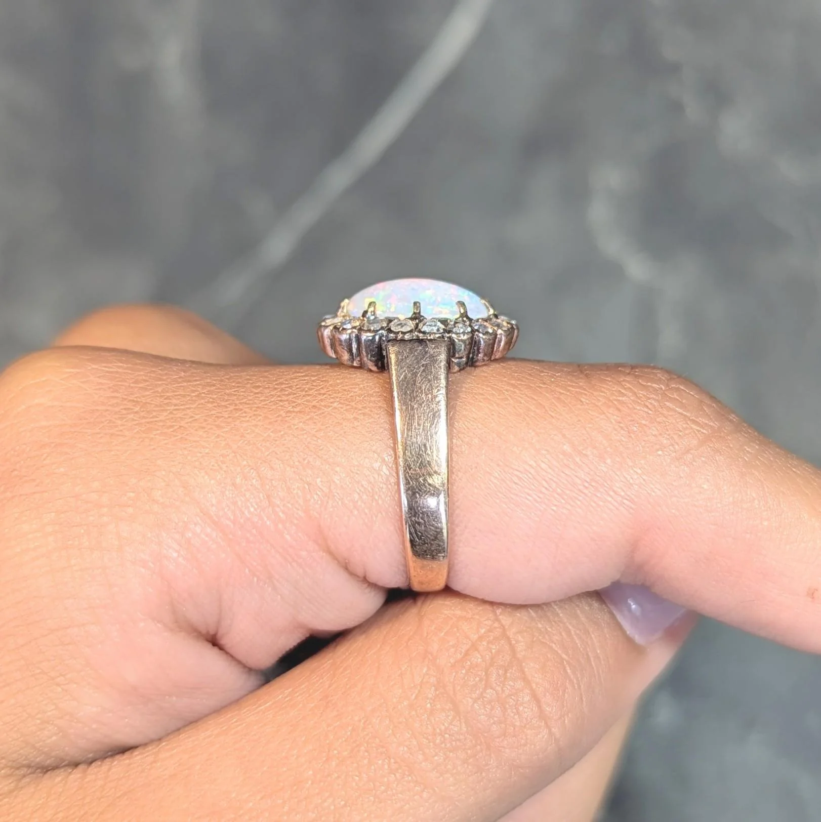 Victorian Opal Rose Cut Diamond 14 Karat Rose Gold Antique Halo Ring - Image 13