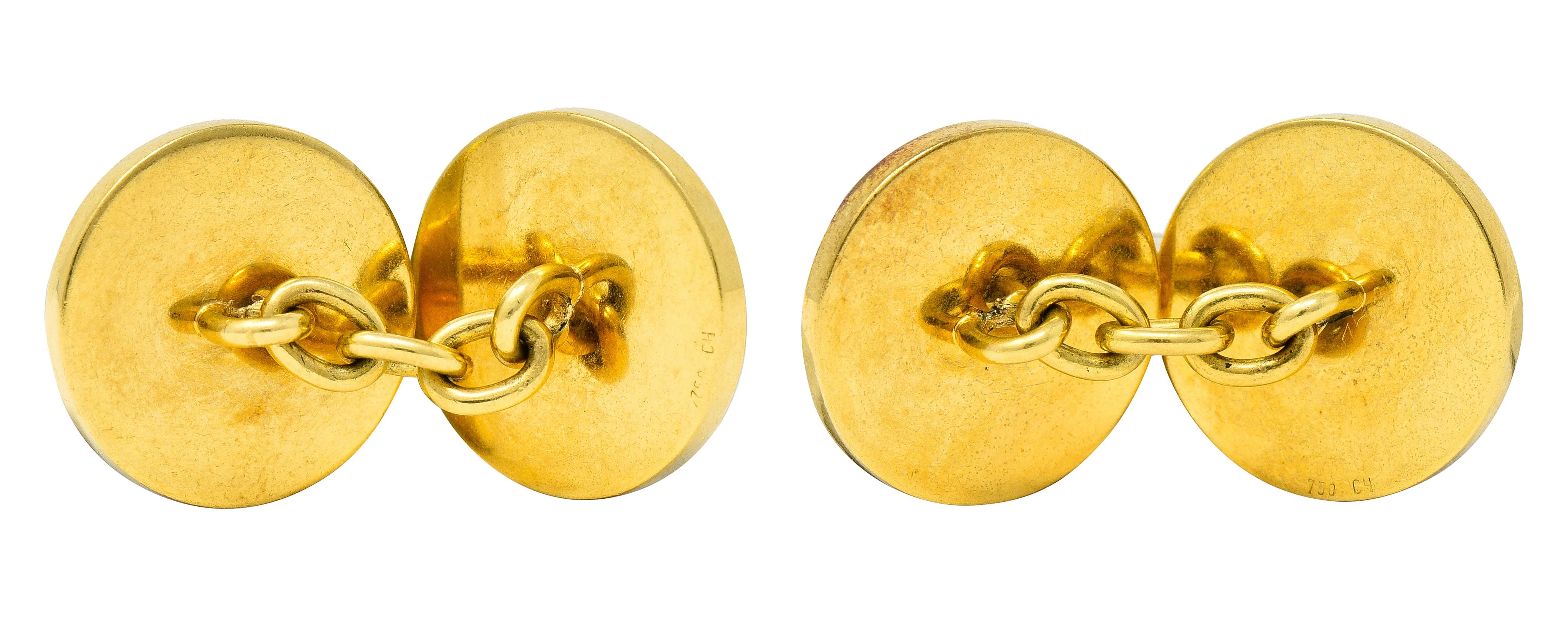 Victorian Painted Essex Crystal Quartz Mother-Of-Pearl 18 Karat Yellow Gold Fish Antique Cufflinks - Image 3