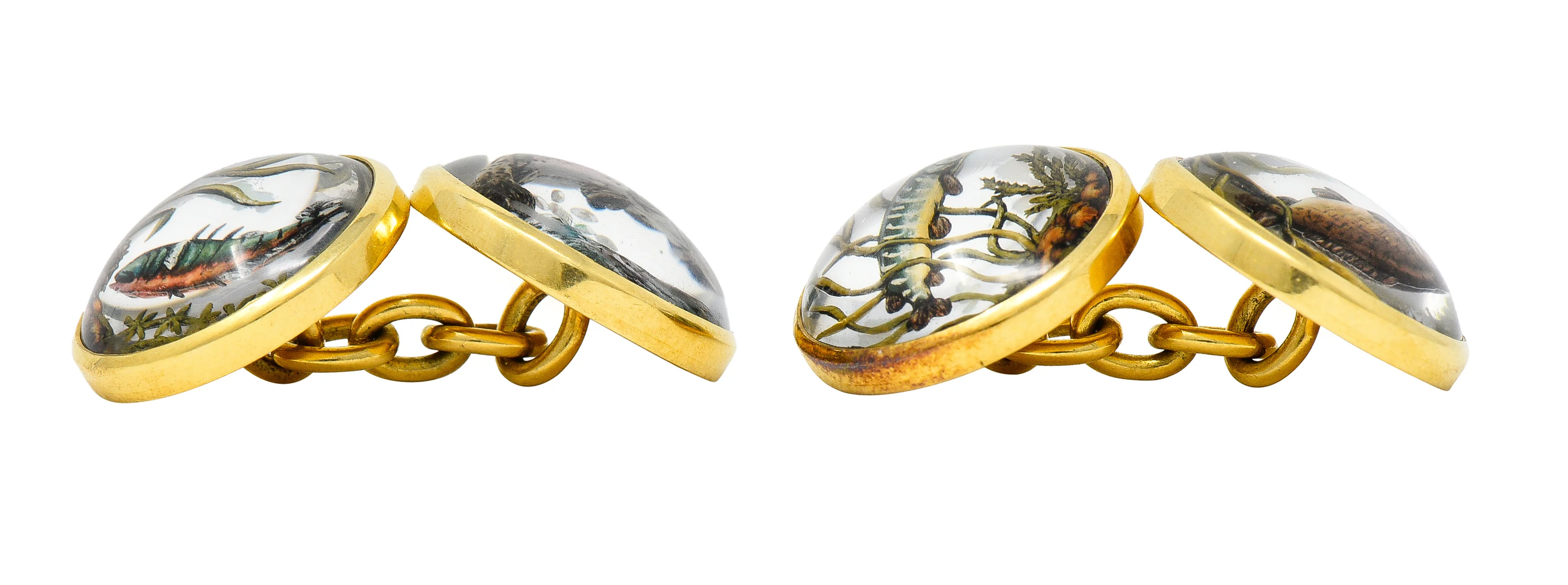 Victorian Painted Essex Crystal Quartz Mother-Of-Pearl 18 Karat Yellow Gold Fish Antique Cufflinks - Image 6