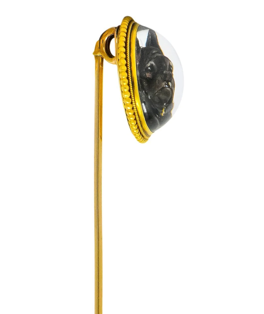 Victorian Painted Reverse Carved Rock Crystal 18 Karat Gold French Bulldog English Stickpin - Image 5
