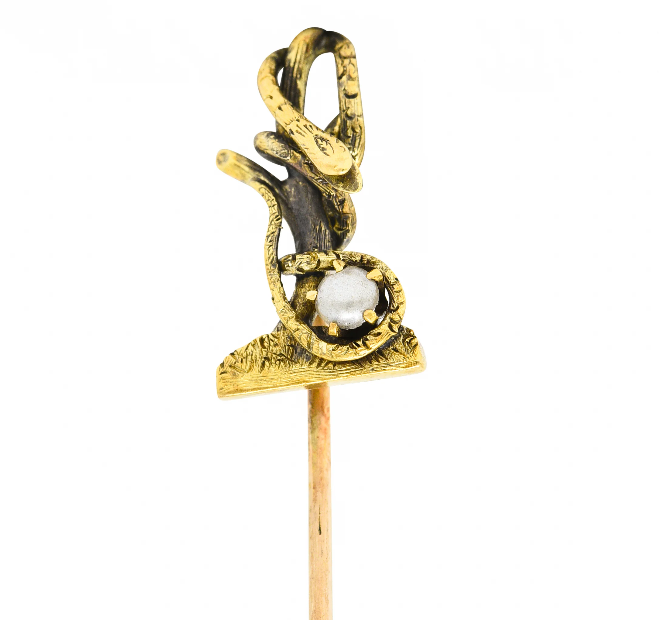 Victorian Pearl 14 Karat Yellow Gold Snake In A Tree Antique Unisex Stickpin - Image 3