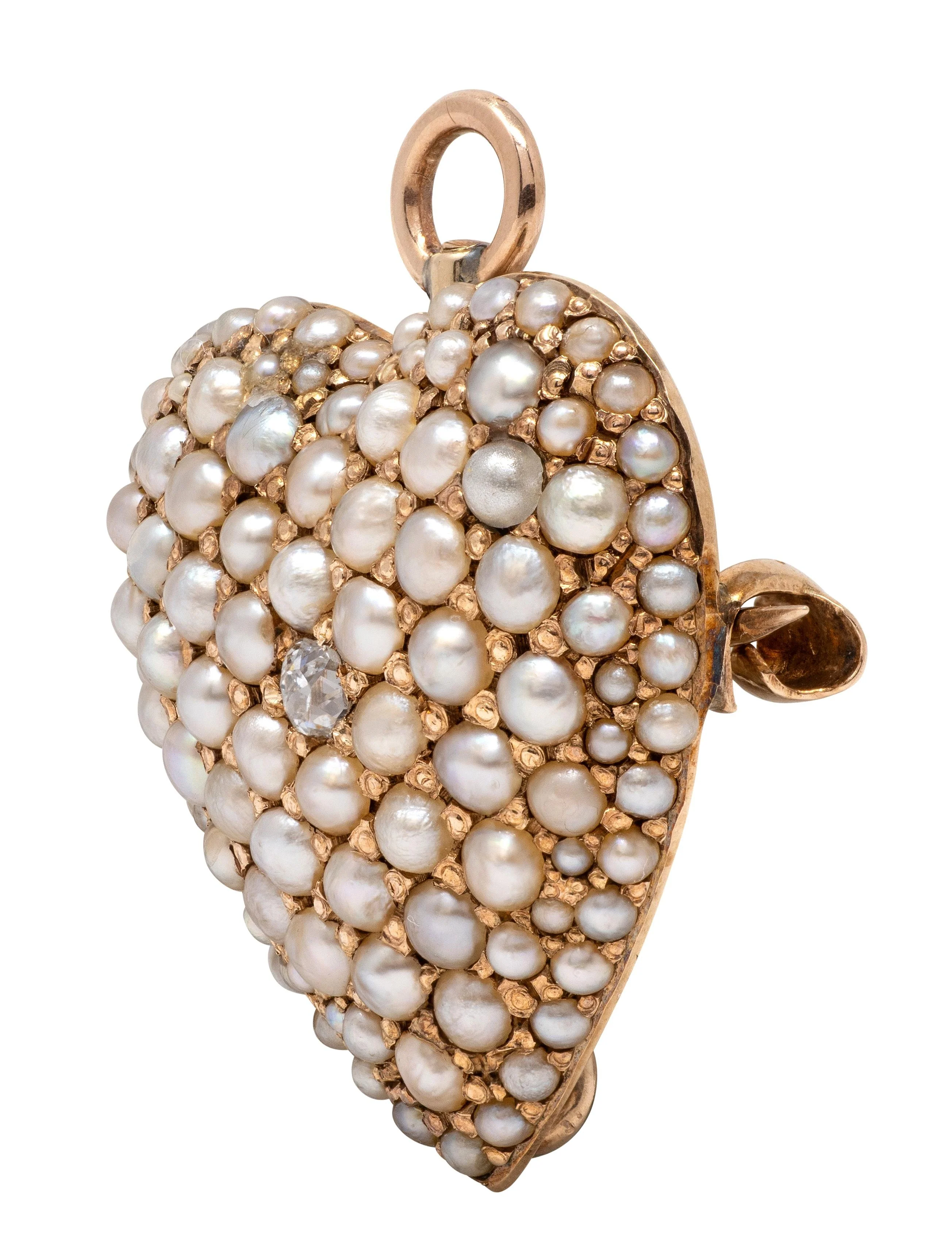 Victorian Pearl Diamond 14 Karat Yellow Gold Antique Heart Pendant Brooch - Image 3