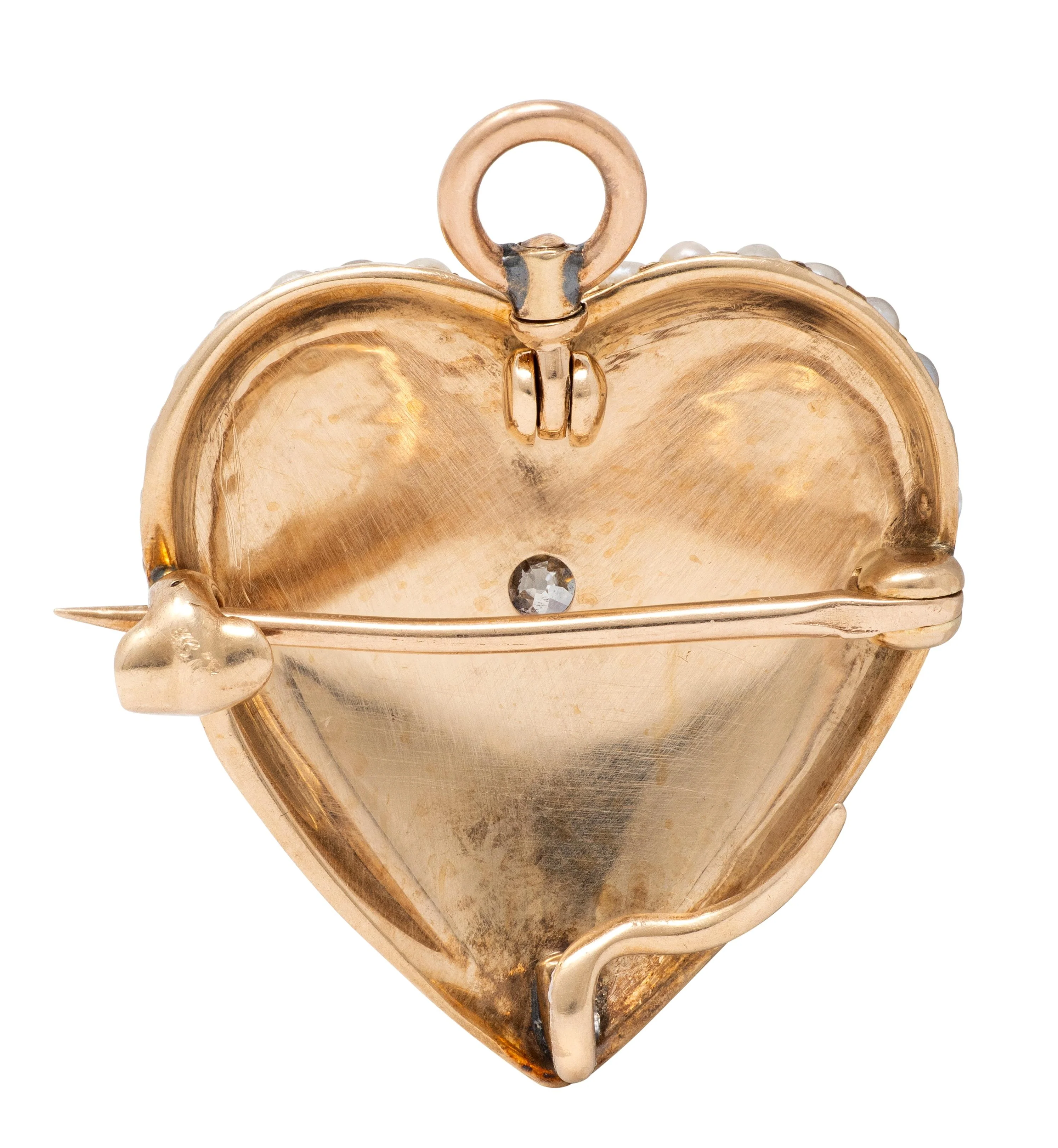 Victorian Pearl Diamond 14 Karat Yellow Gold Antique Heart Pendant Brooch - Image 4