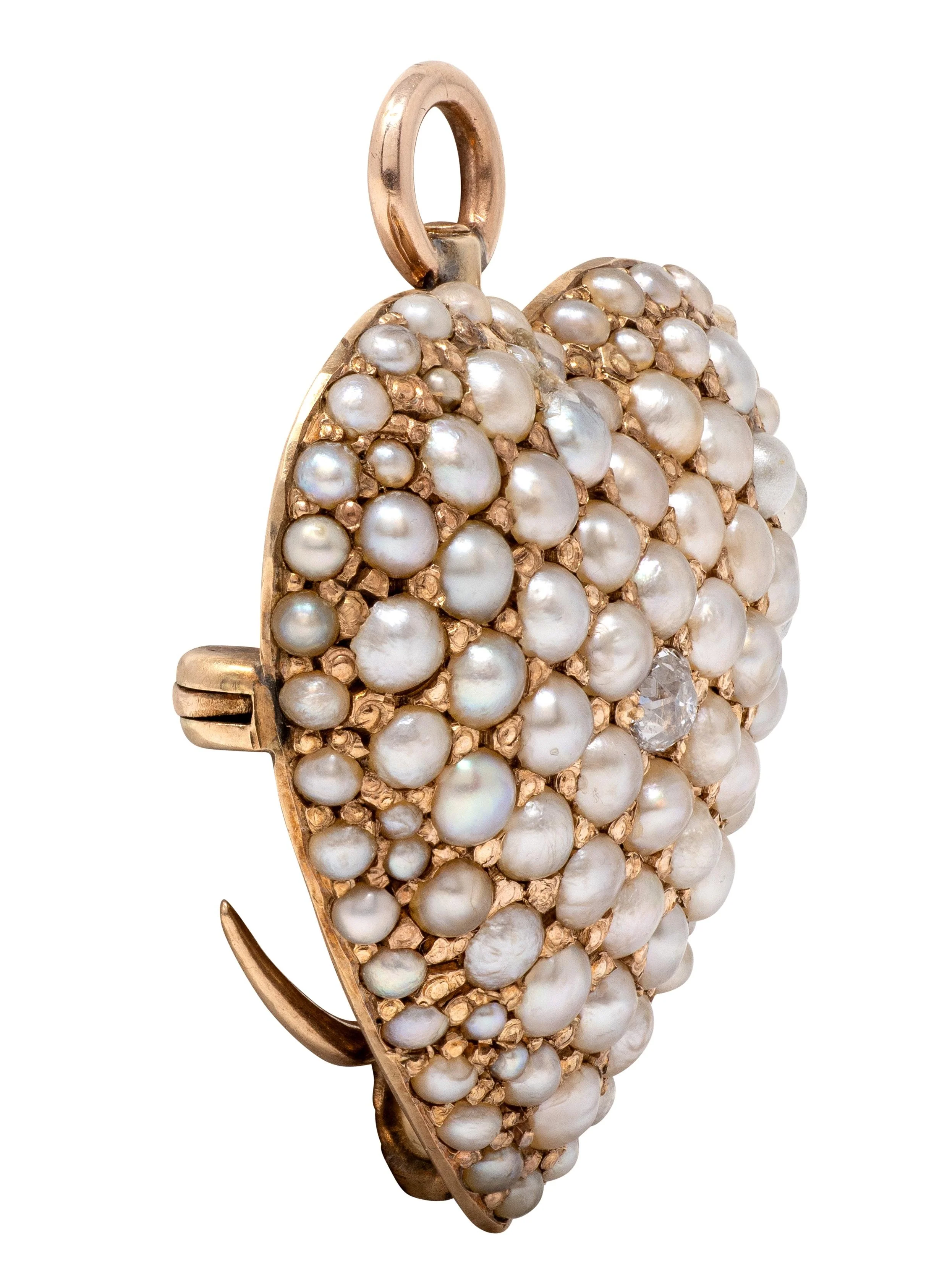 Victorian Pearl Diamond 14 Karat Yellow Gold Antique Heart Pendant Brooch - Image 5