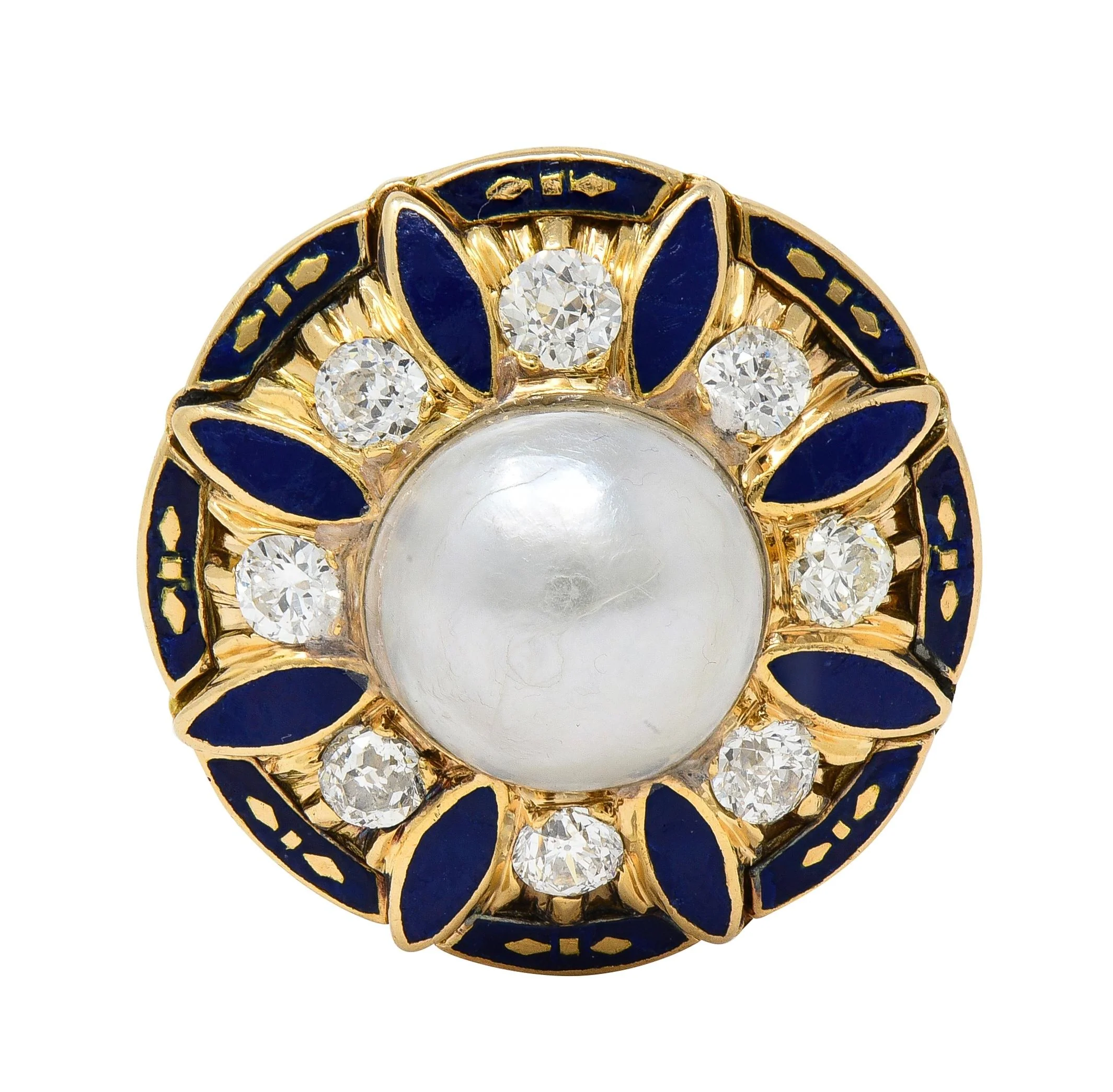 Victorian Revival Pearl Diamond Enamel 14 Karat Yellow Gold Vintage Halo Ring