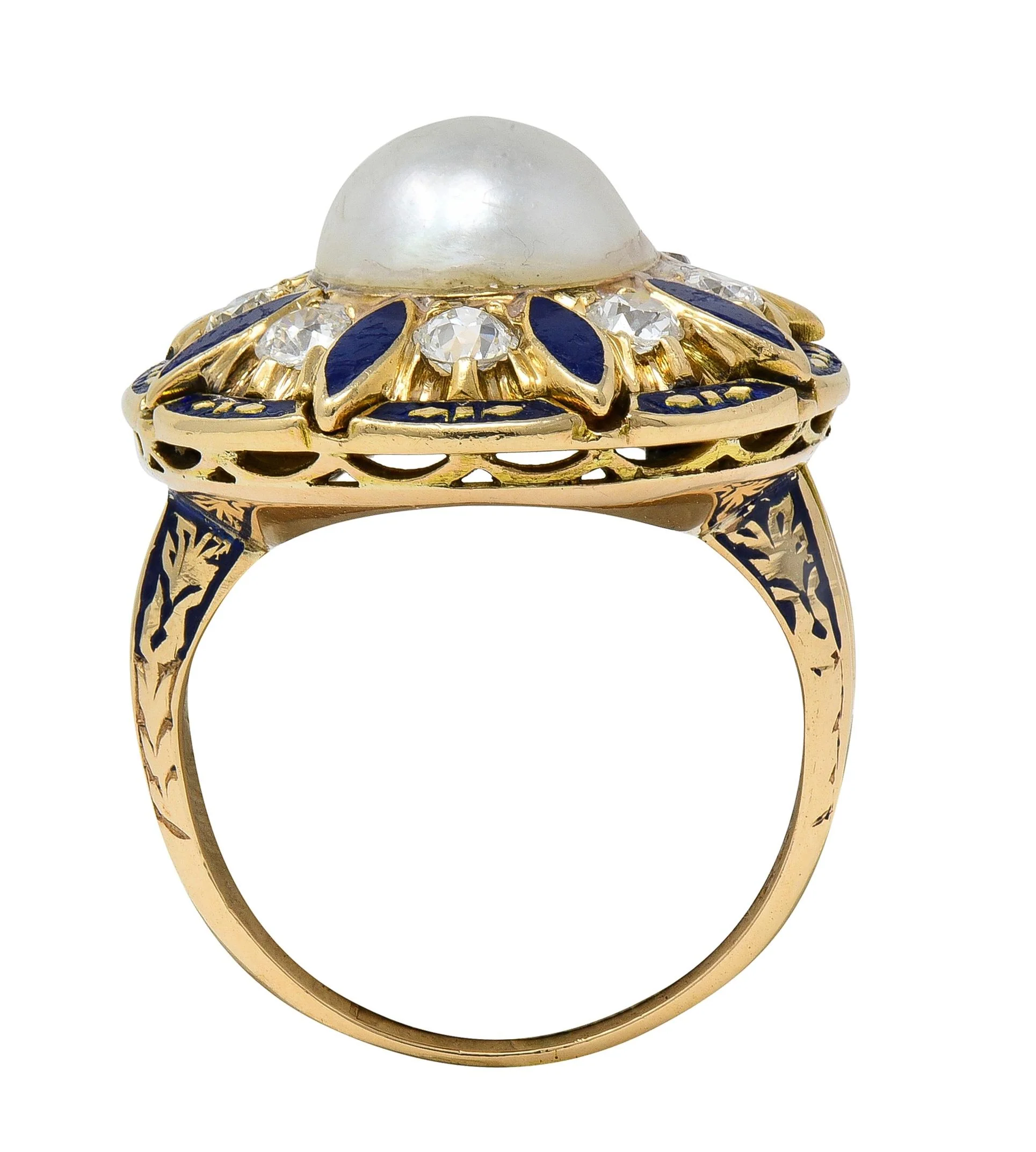 Victorian Revival Pearl Diamond Enamel 14 Karat Yellow Gold Vintage Halo Ring - Image 6