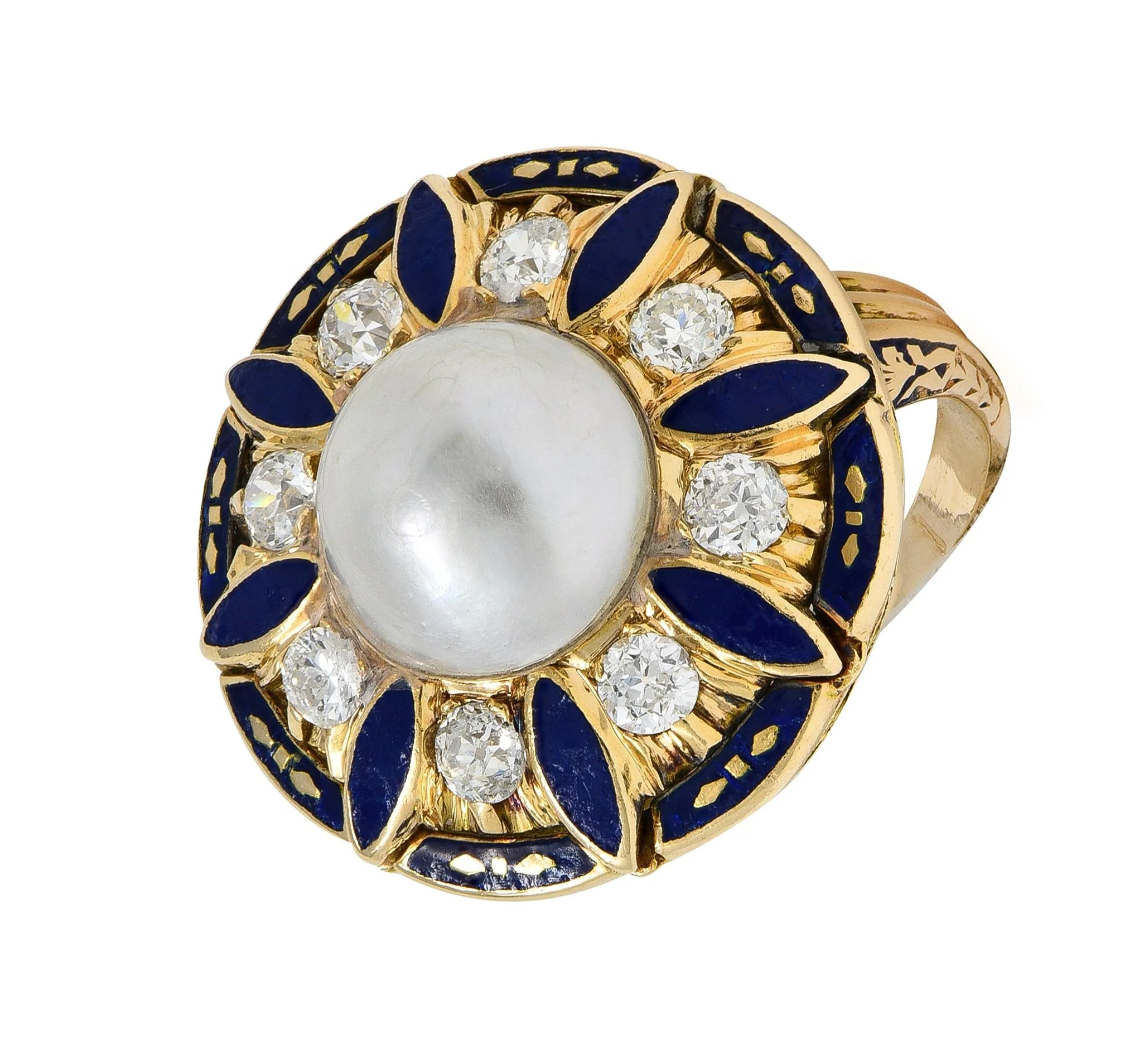 Victorian Revival Pearl Diamond Enamel 14 Karat Yellow Gold Vintage Halo Ring - Image 7