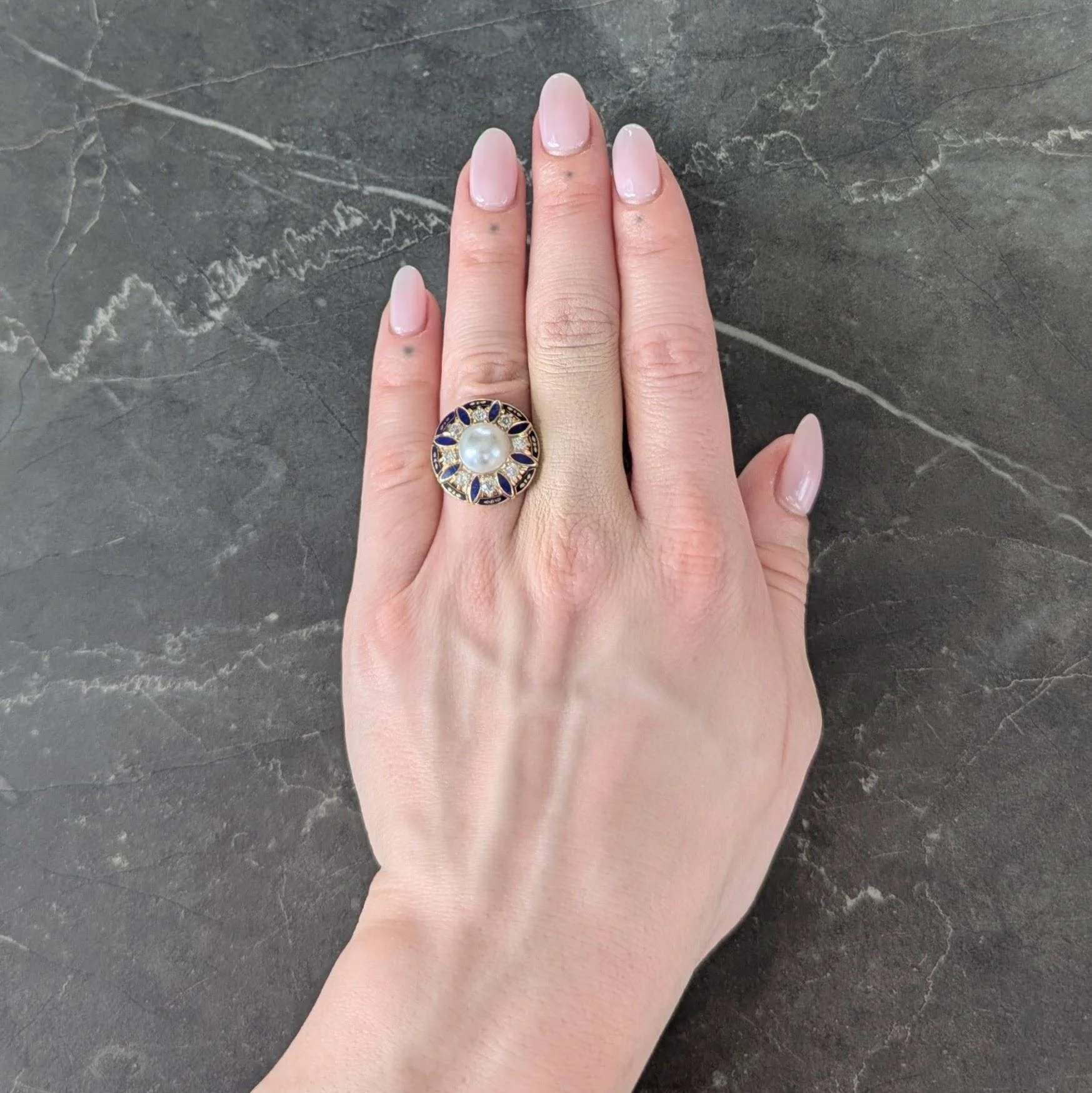 Victorian Revival Pearl Diamond Enamel 14 Karat Yellow Gold Vintage Halo Ring - Image 8
