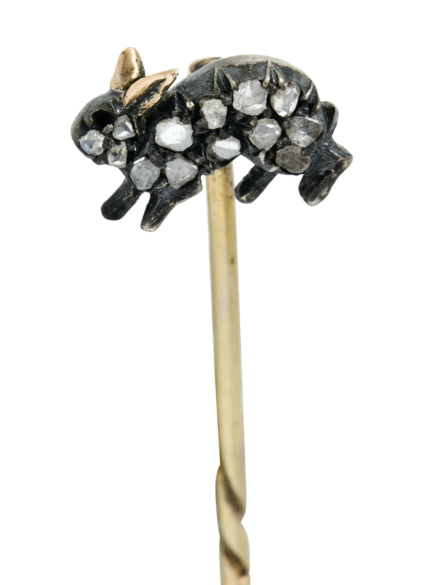 Victorian Rose Cut Diamond Silver-Topped 14 Karat Gold Rabbit Stickpin
