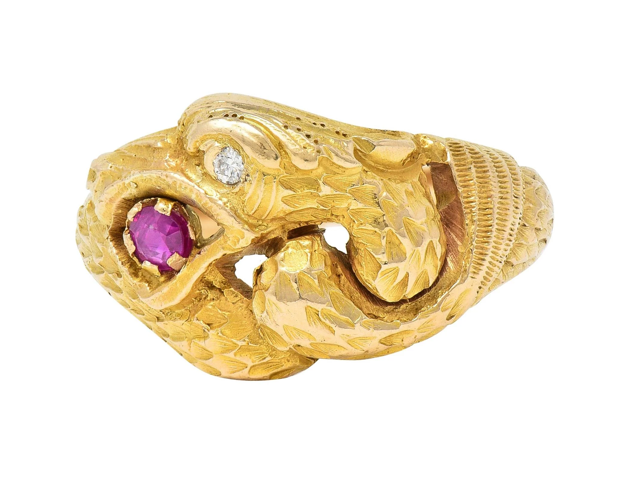Victorian Ruby Diamond 14 Karat Yellow Gold Antique Unisex Griffin Ring - Image 6
