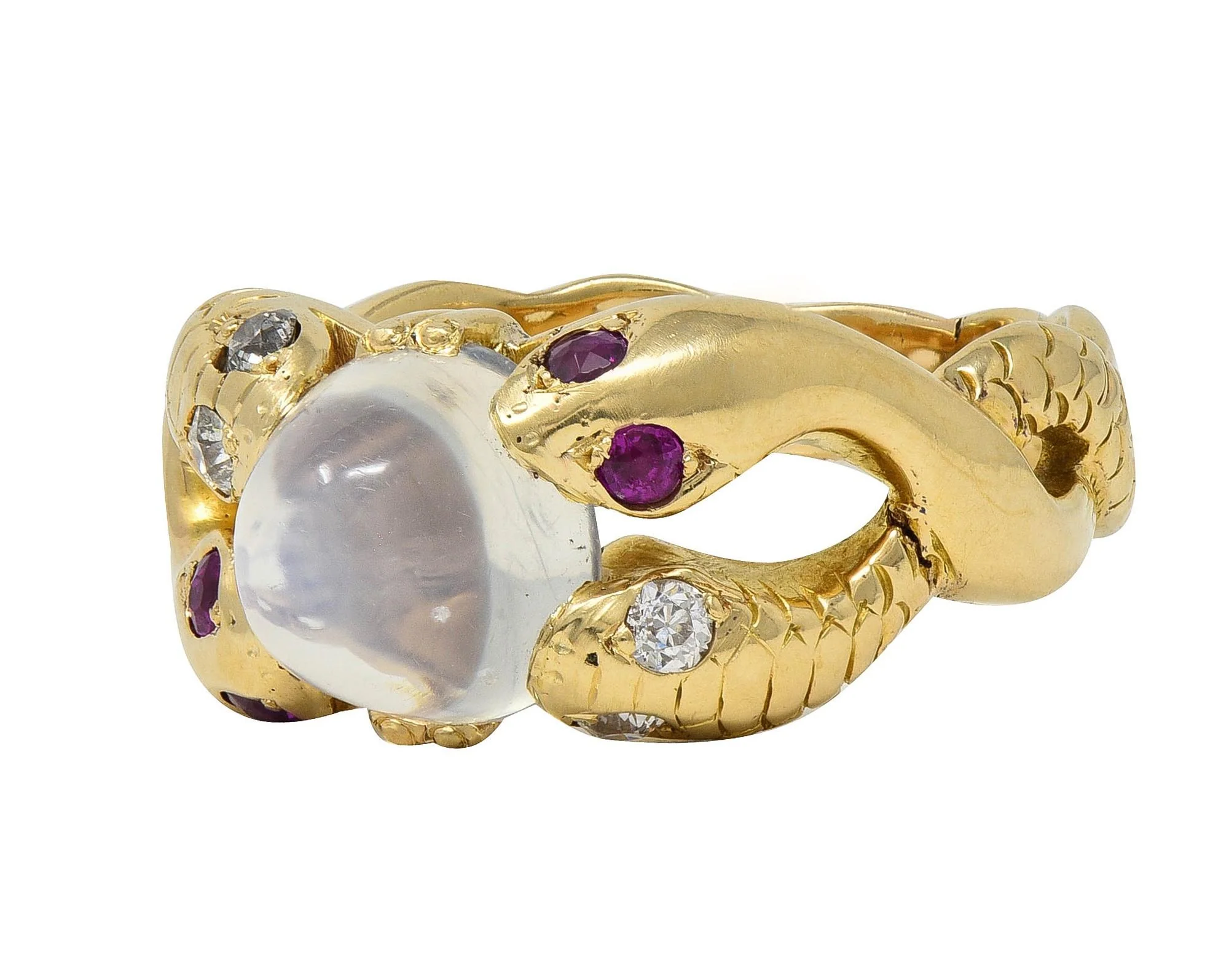 Victorian Ruby Diamond Moonstone Cabochon 14 Karat Yellow Gold Antique Snake Unisex Ring - Image 7