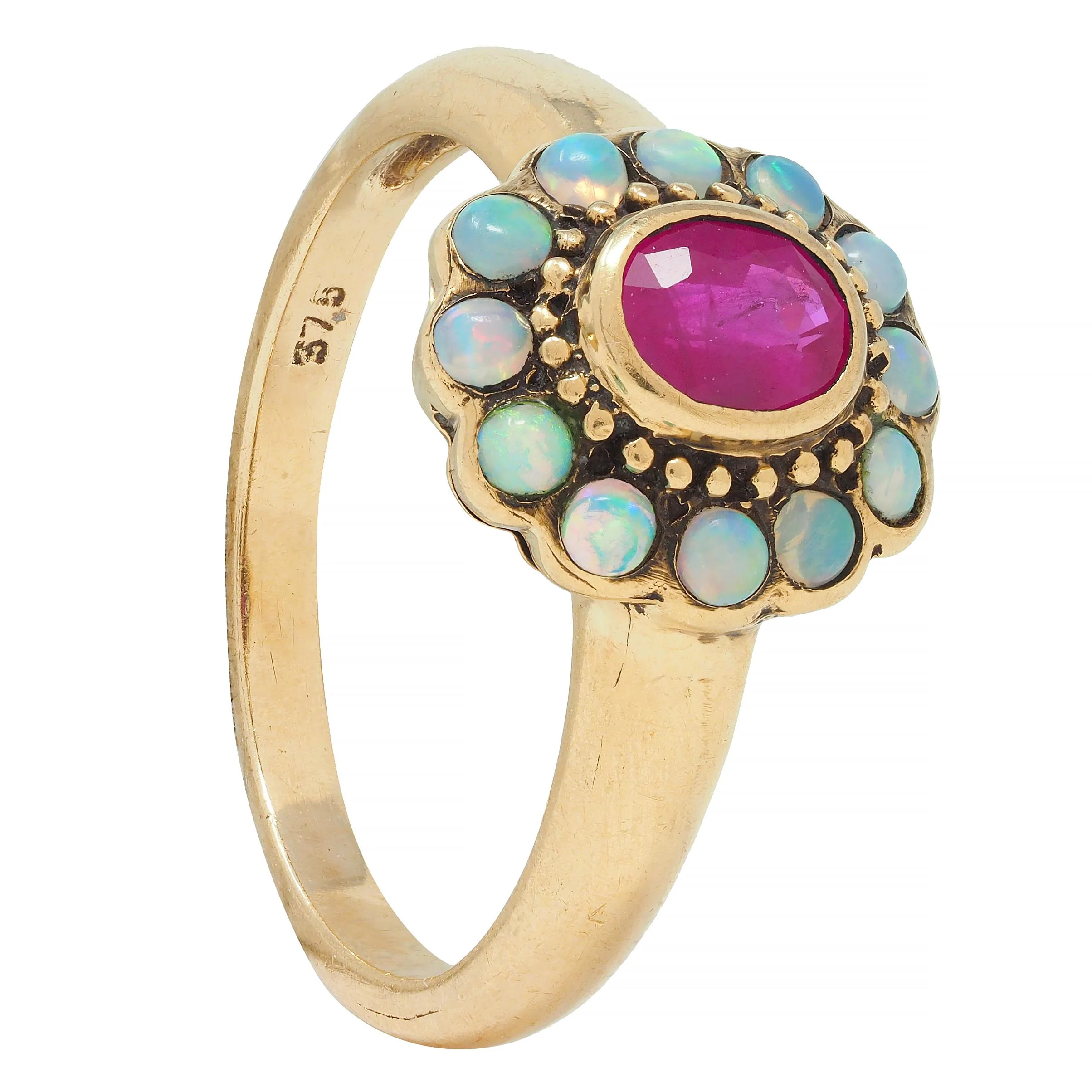 Victorian Ruby Opal 9 Karat Yellow Gold Antique Halo Ring - Image 11