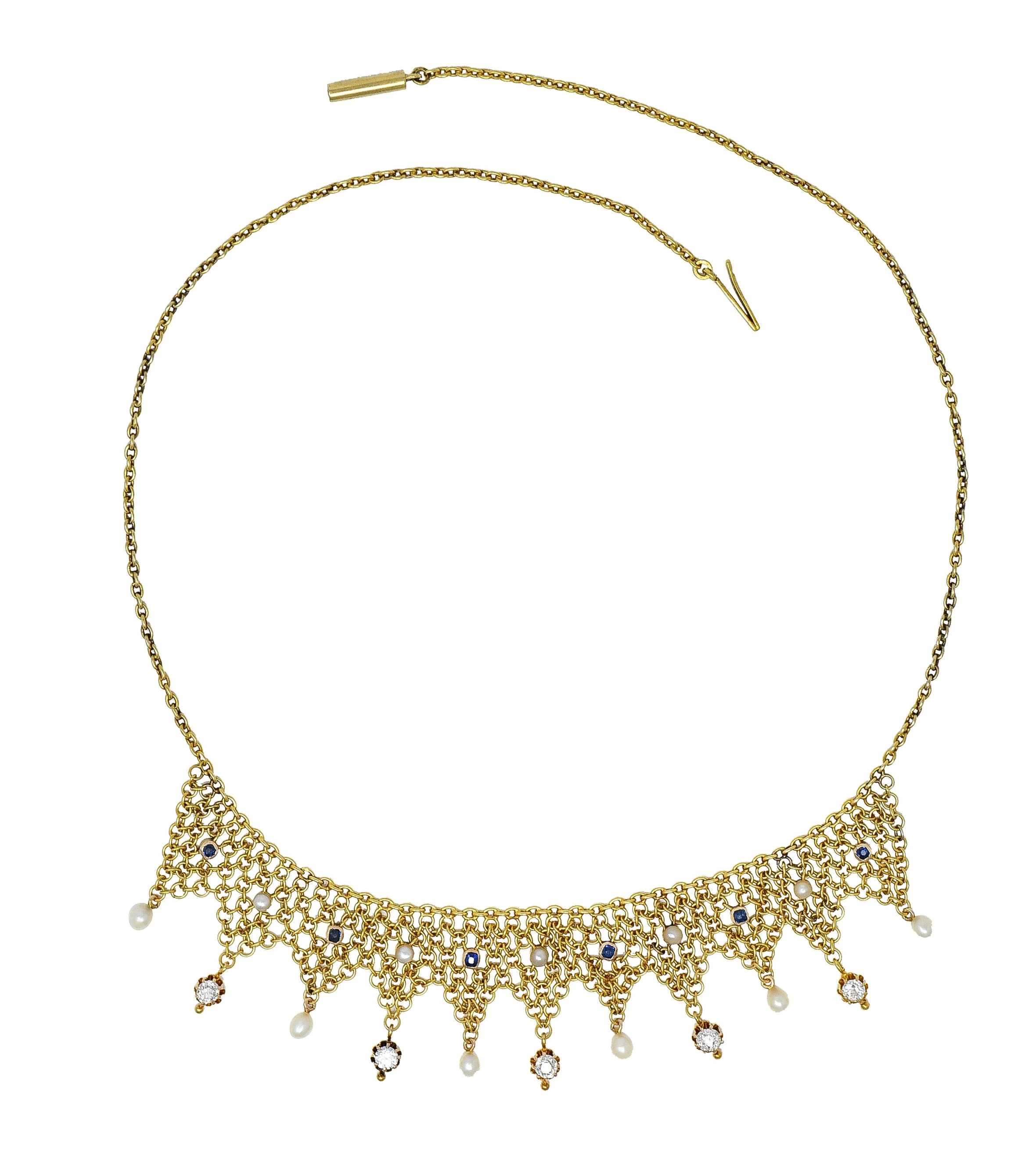 Victorian Russian 1.00 CTW Diamond Sapphire Pearl 14 Karat Gold Mesh Fringe Antique Necklace - Image 2