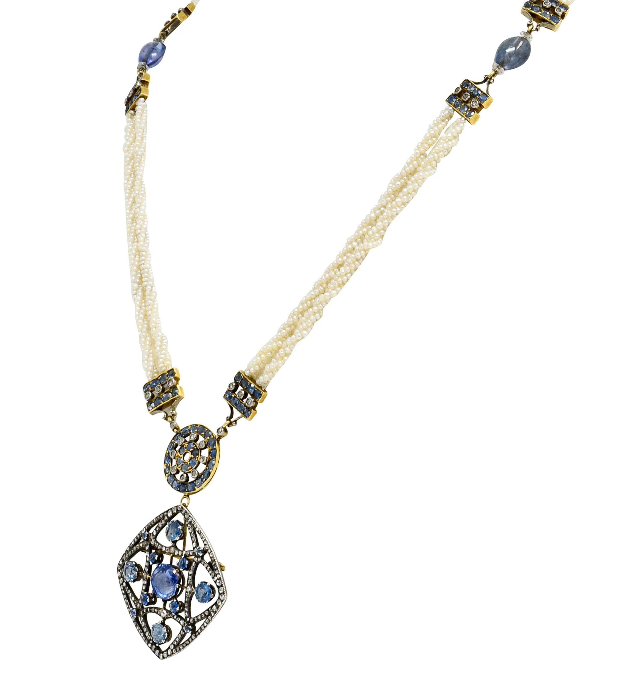 Victorian Sapphire Diamond Pearl Silver-Topped 18 Karat Gold Strand Pendant Sautoir Necklace - Image 3
