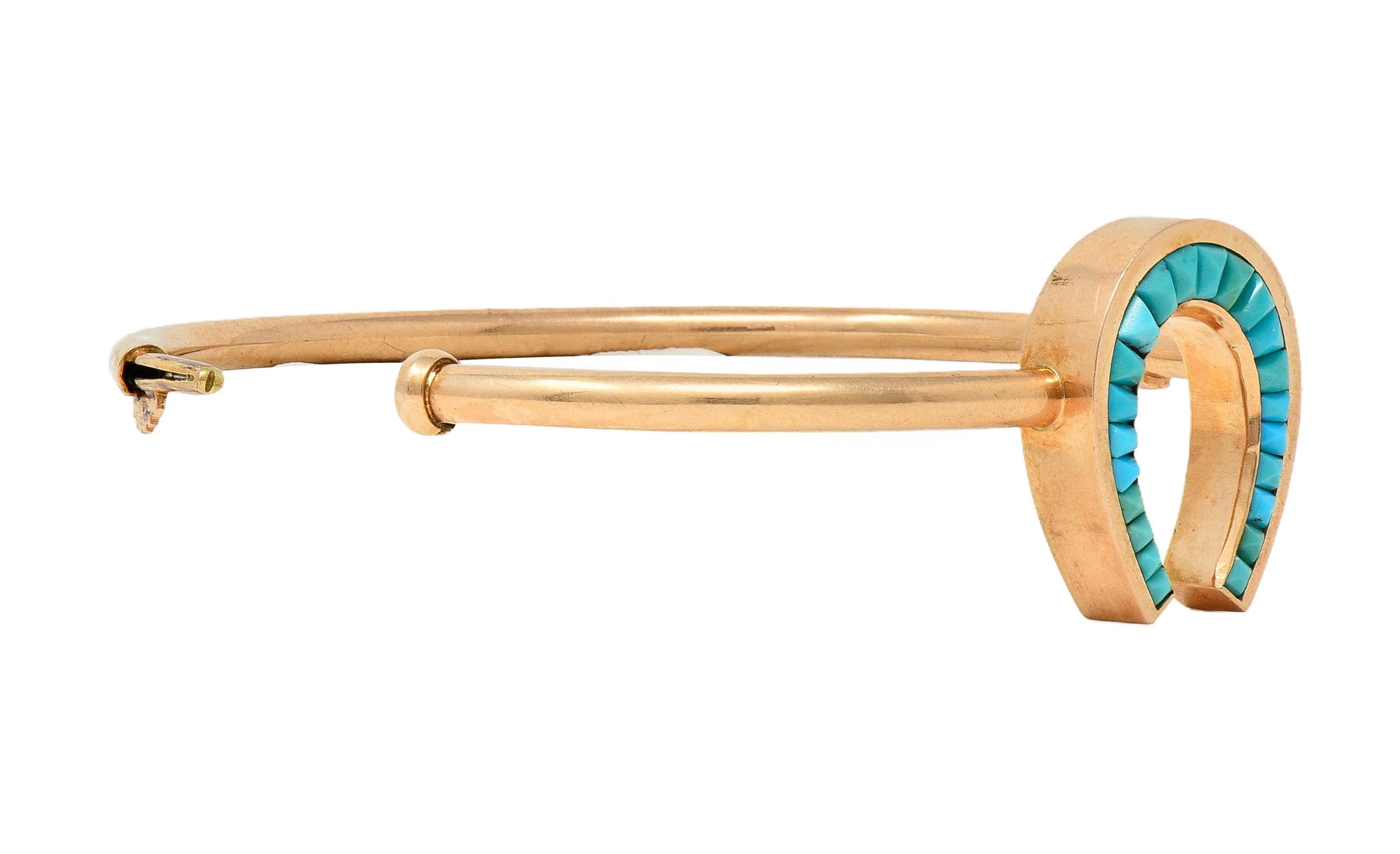 Victorian Turquoise 14 Karat Rose Gold Antique Horseshoe Bangle Bracelet - Image 10