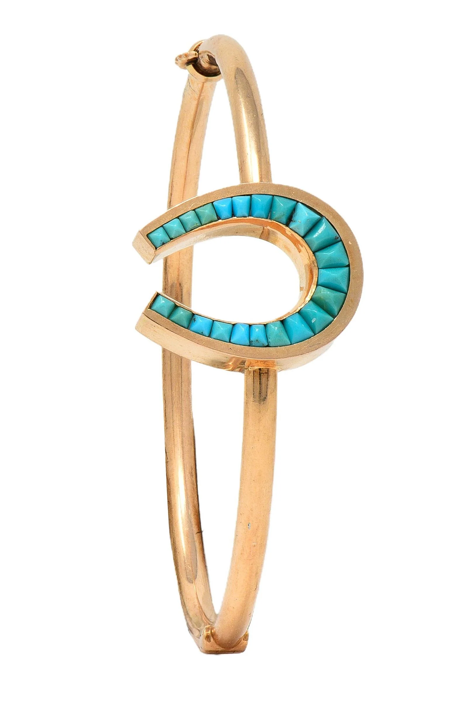 Victorian Turquoise 14 Karat Rose Gold Antique Horseshoe Bangle Bracelet - Image 14