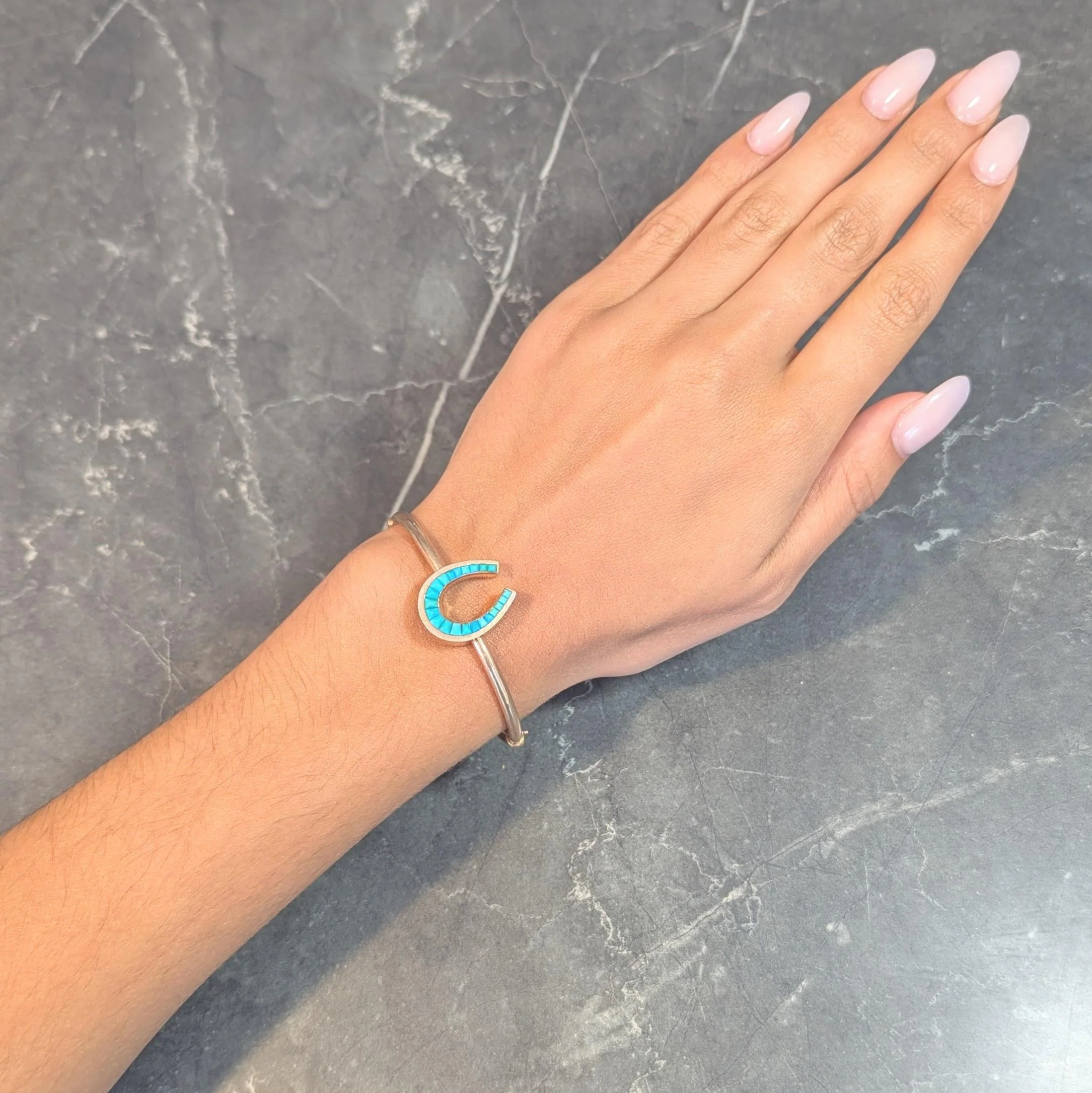 Victorian Turquoise 14 Karat Rose Gold Antique Horseshoe Bangle Bracelet - Image 2