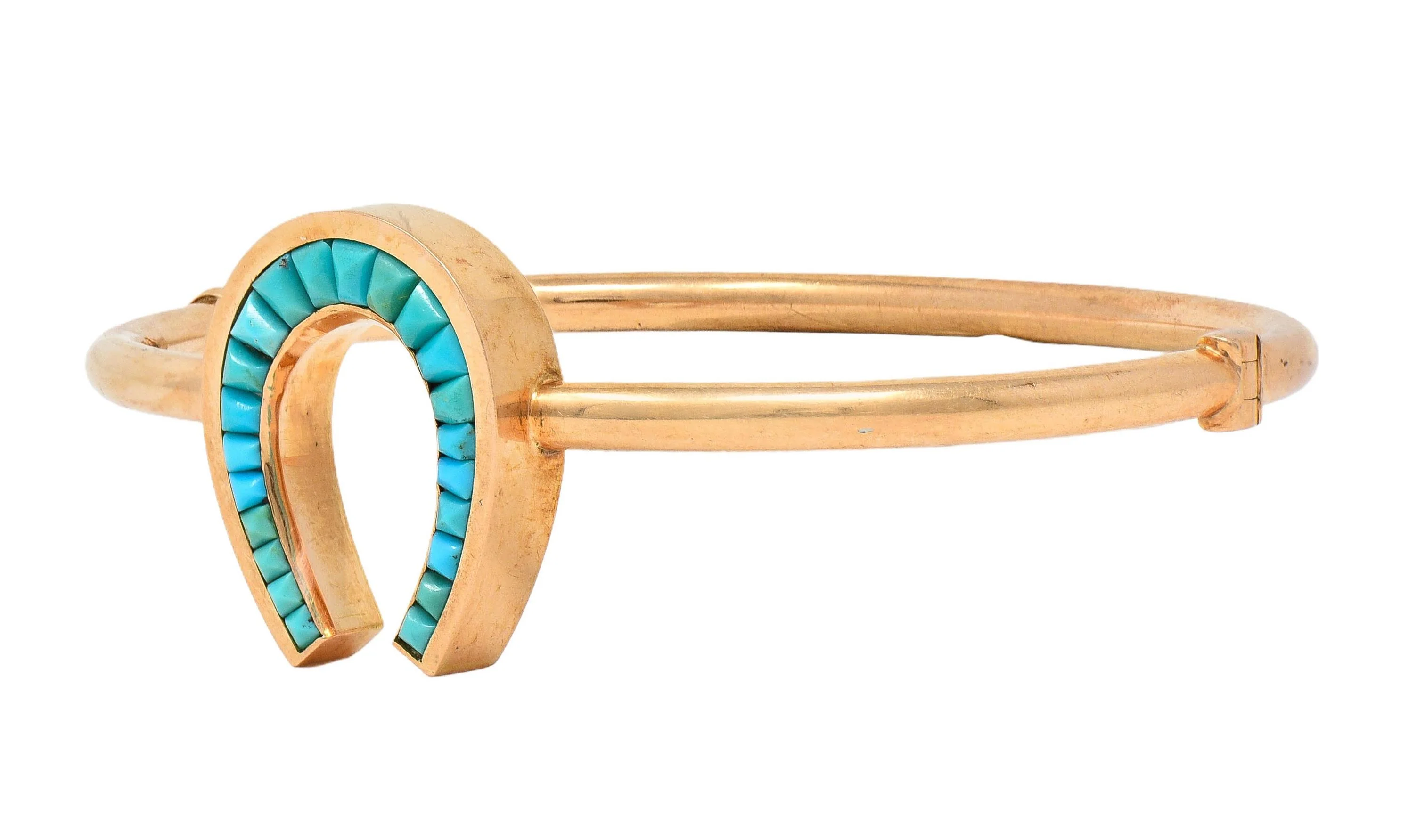 Victorian Turquoise 14 Karat Rose Gold Antique Horseshoe Bangle Bracelet - Image 9