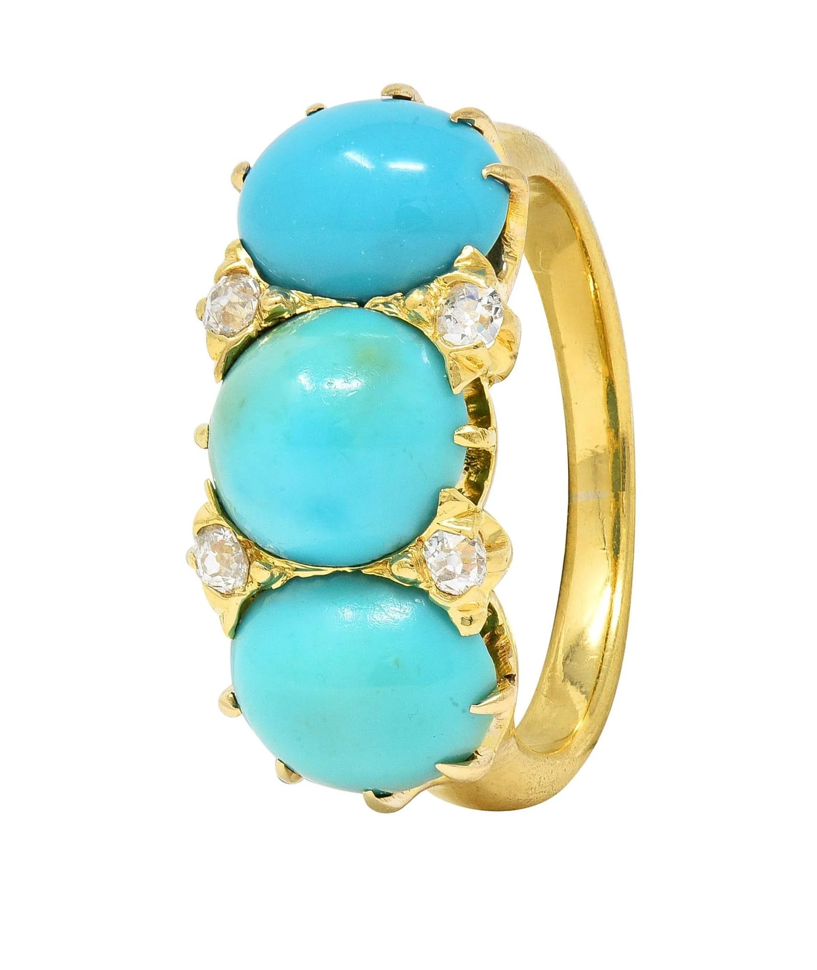 Victorian Turquoise Diamond 18 Karat Yellow Gold Antique Three Stone Band Ring - Image 8