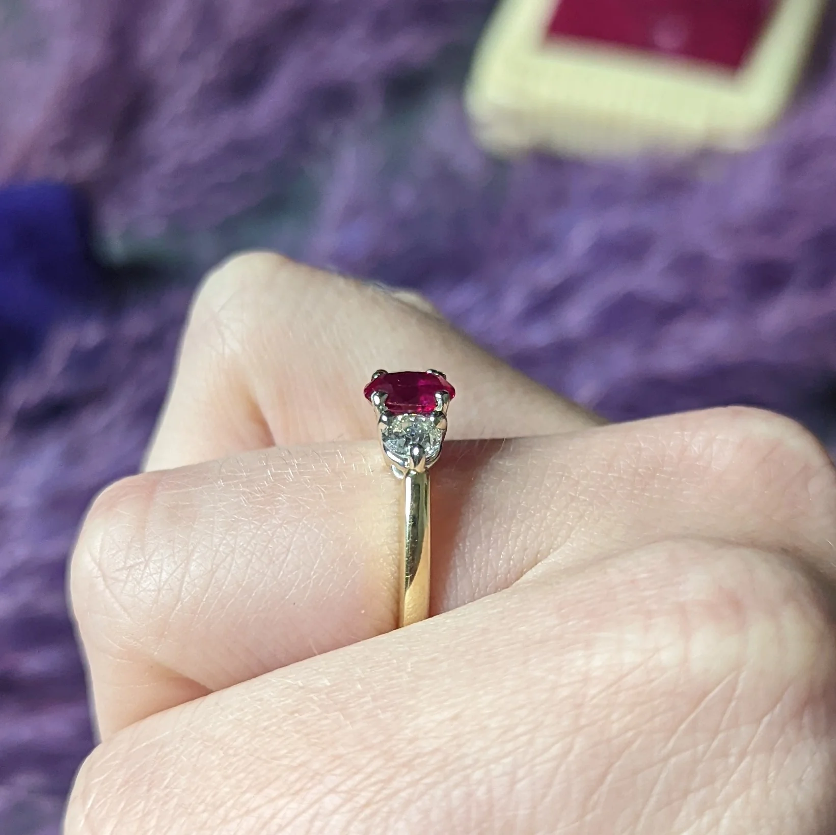 Vintage 1.50 CTW Ruby Diamond 14 Karat Two-Tone Gold Three Stone Ring - Image 11