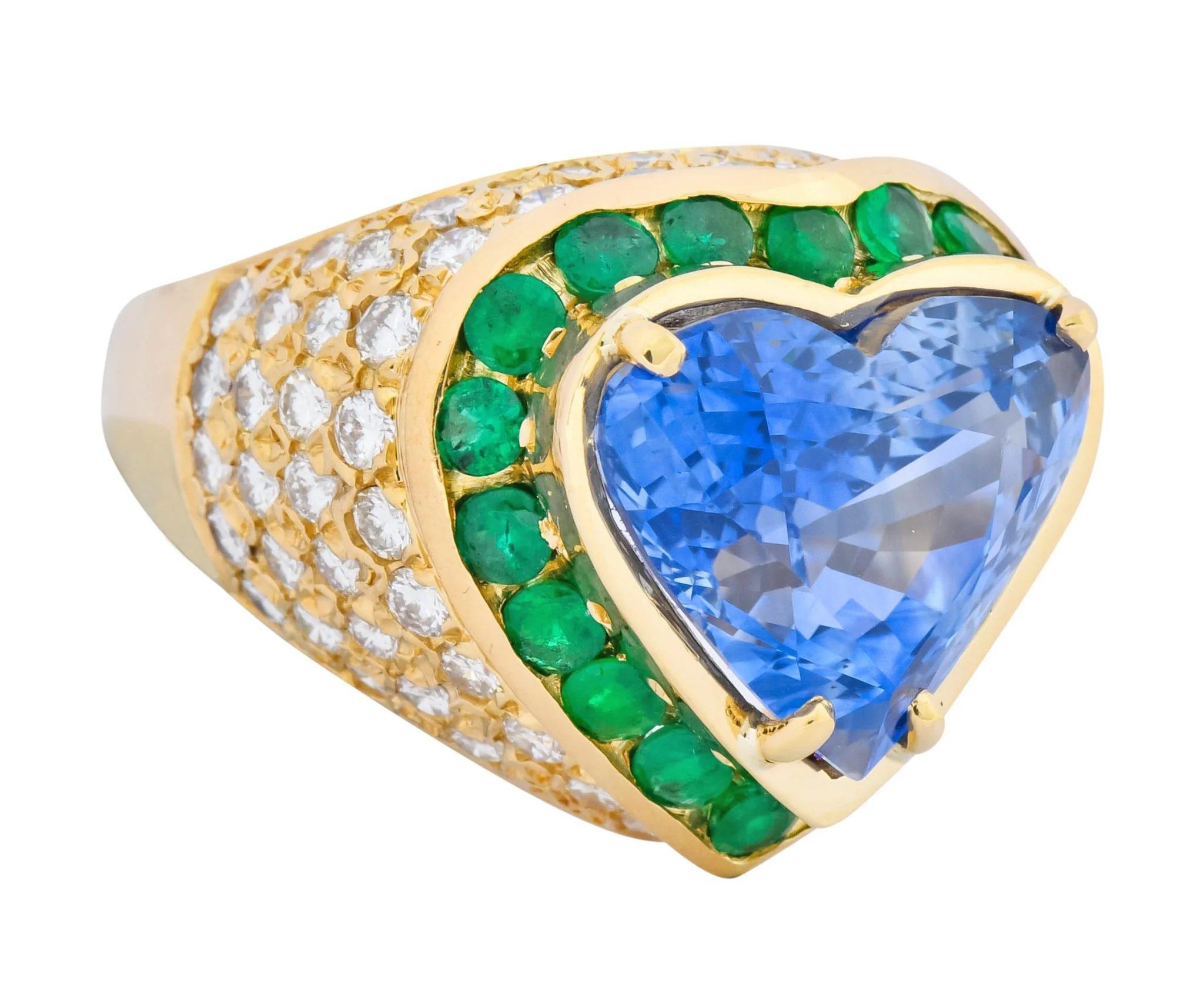 Vintage 14.09 CTW Sapphire Diamond Emerald 18 Karat Gold Heart Cocktail Ring - Image 2