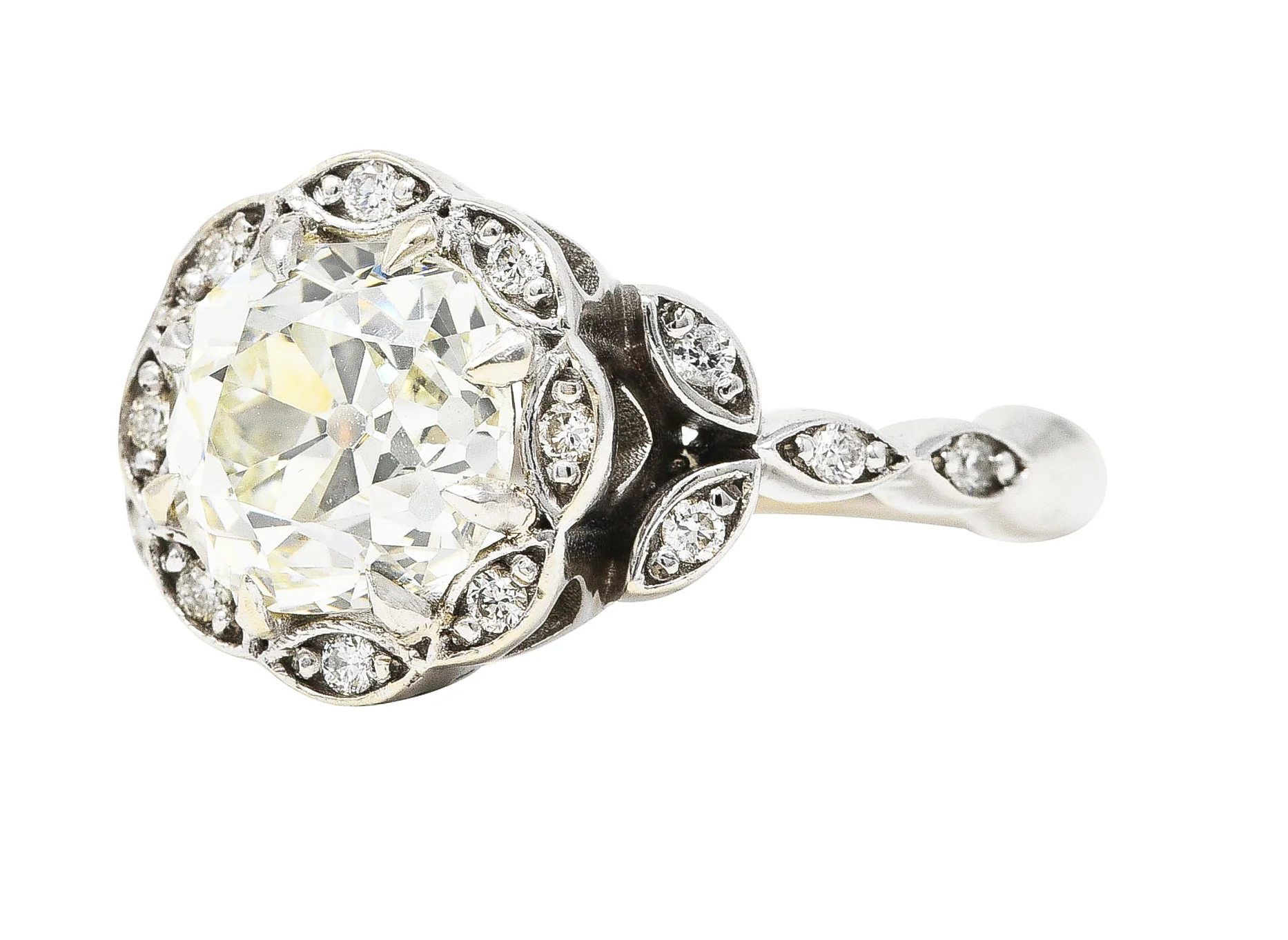 Vintage 2.17 CTW Old Mine Diamond 14 Karat White Gold Flower Cluster Engagement Ring - Image 6